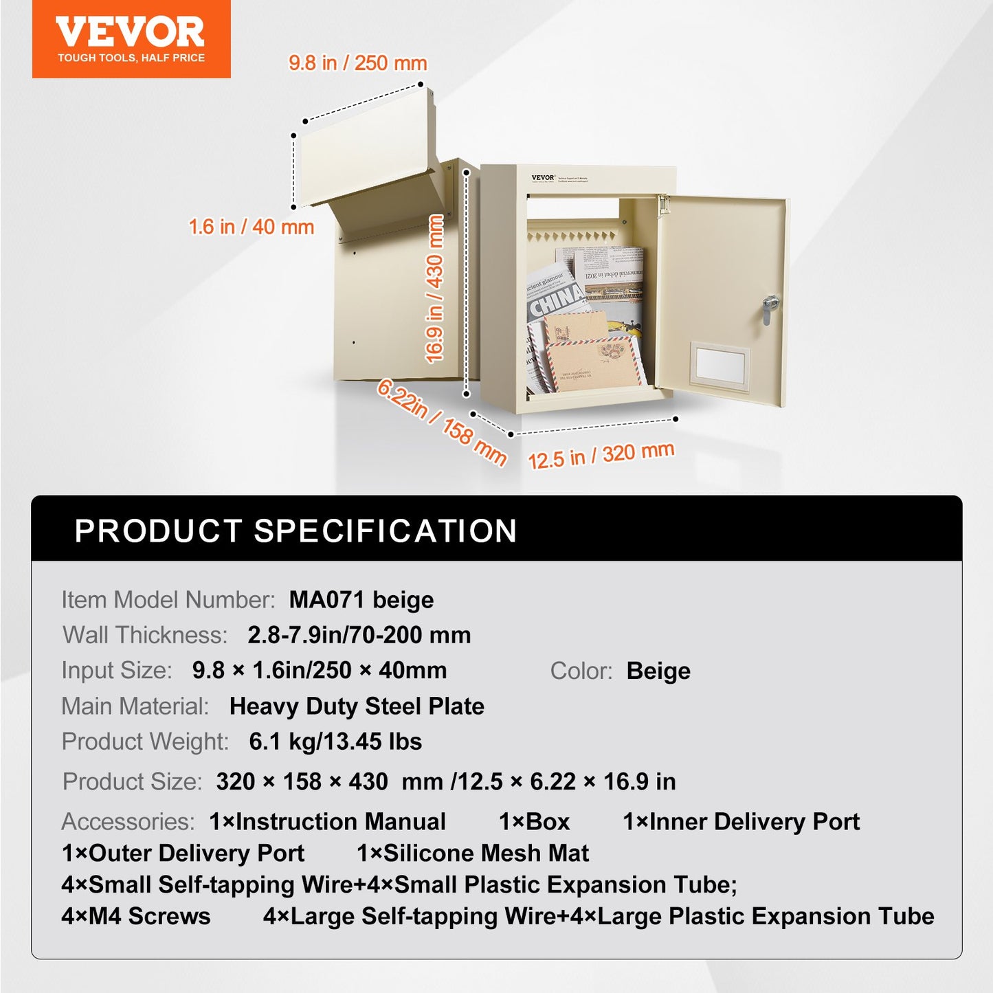 Through The Wall Drop Box, Heavy Duty Steel Through the Wall Mailbox with 2.8-7.9" 13" Combination Lock, 12.5x6.3x16.9" Mail Drop Box, Beige