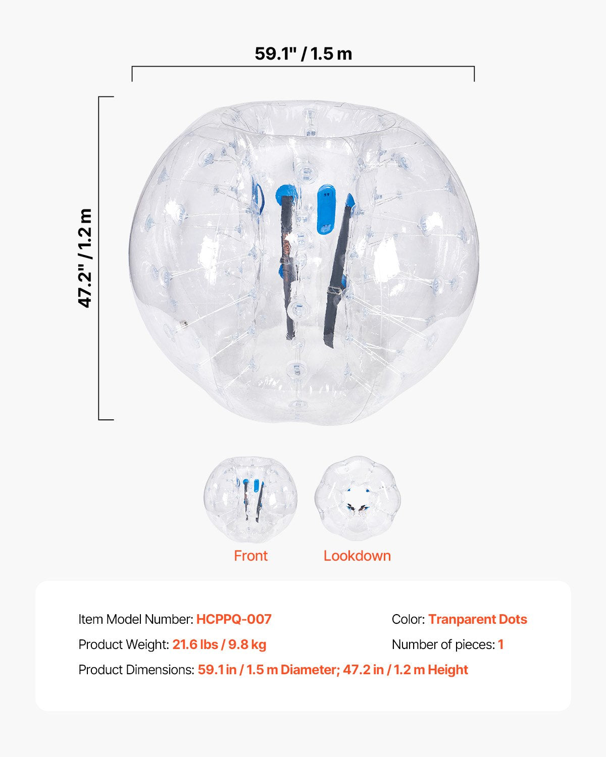Uppblåsbar Bumper Ball 1-pack, 5FT/1.5M Body Sumo Zorb-bollar för tonåringar och vuxna, 0.8mm tjocka PVC-mänskliga hamsterbubbelbollar för utomhuslek, Bumper Bopper-leksaker för trädgård, gård, park