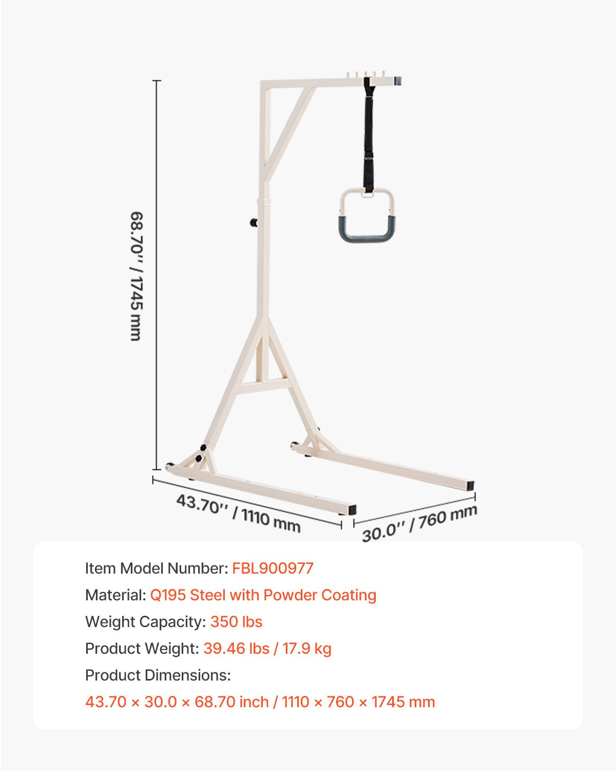 Trapeze Bar for Bed Mobility, Height-Adjustable Bed Trapeze with 2 Casters, 350LBS Weight Capacity Heavy Duty Pull Up Assist Bar with Floor Stand for Elderly, Disabled, Bedridden Patients