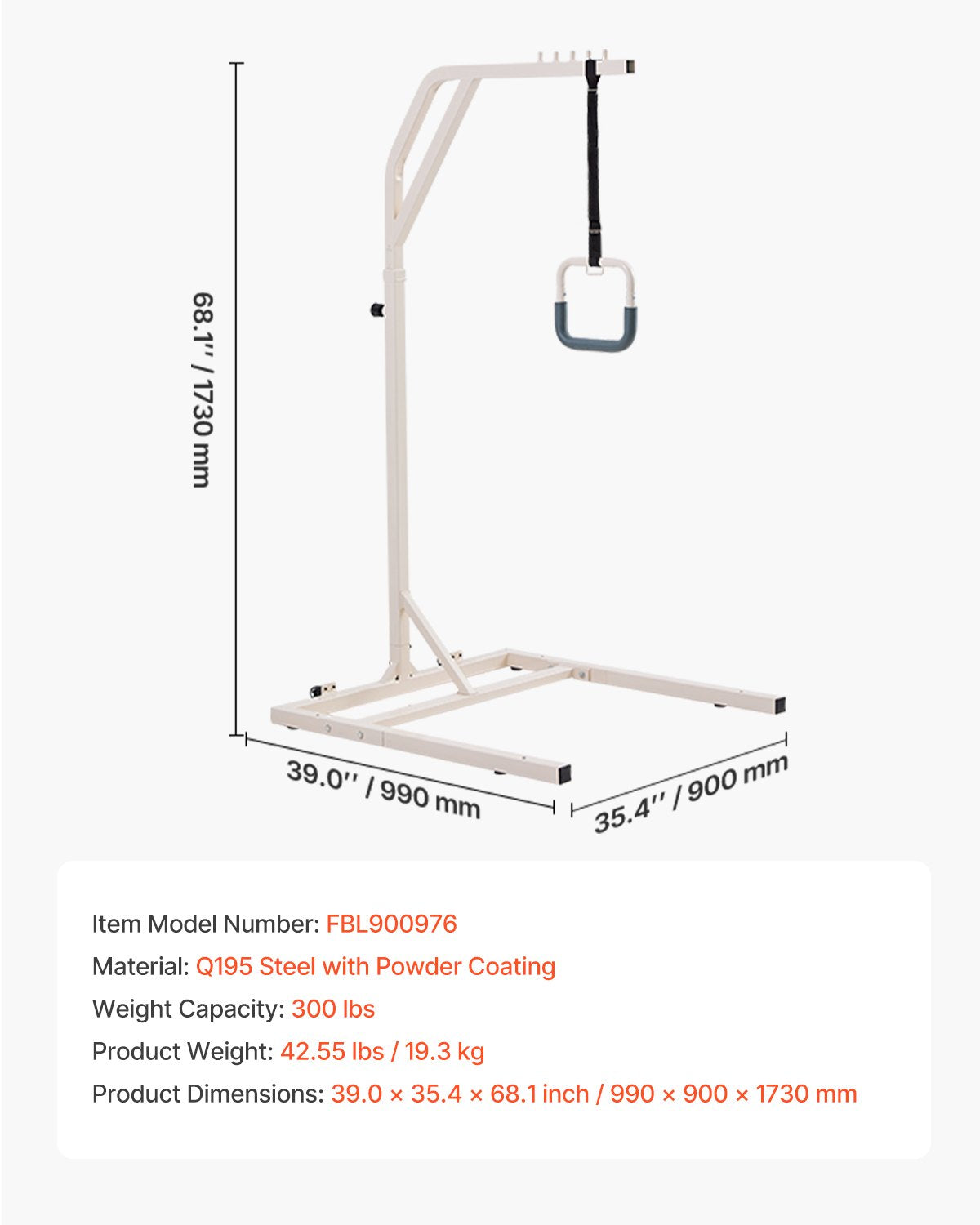 Trapetsstång för sängmobilitet, höjdjusterbar fristående trapetsstång med 2 hjul, 136 kg kapacitet, sänguppdragshjälp för äldre med funktionsnedsättning, idealisk för sjukhus, vårdhem och hemsjukvård