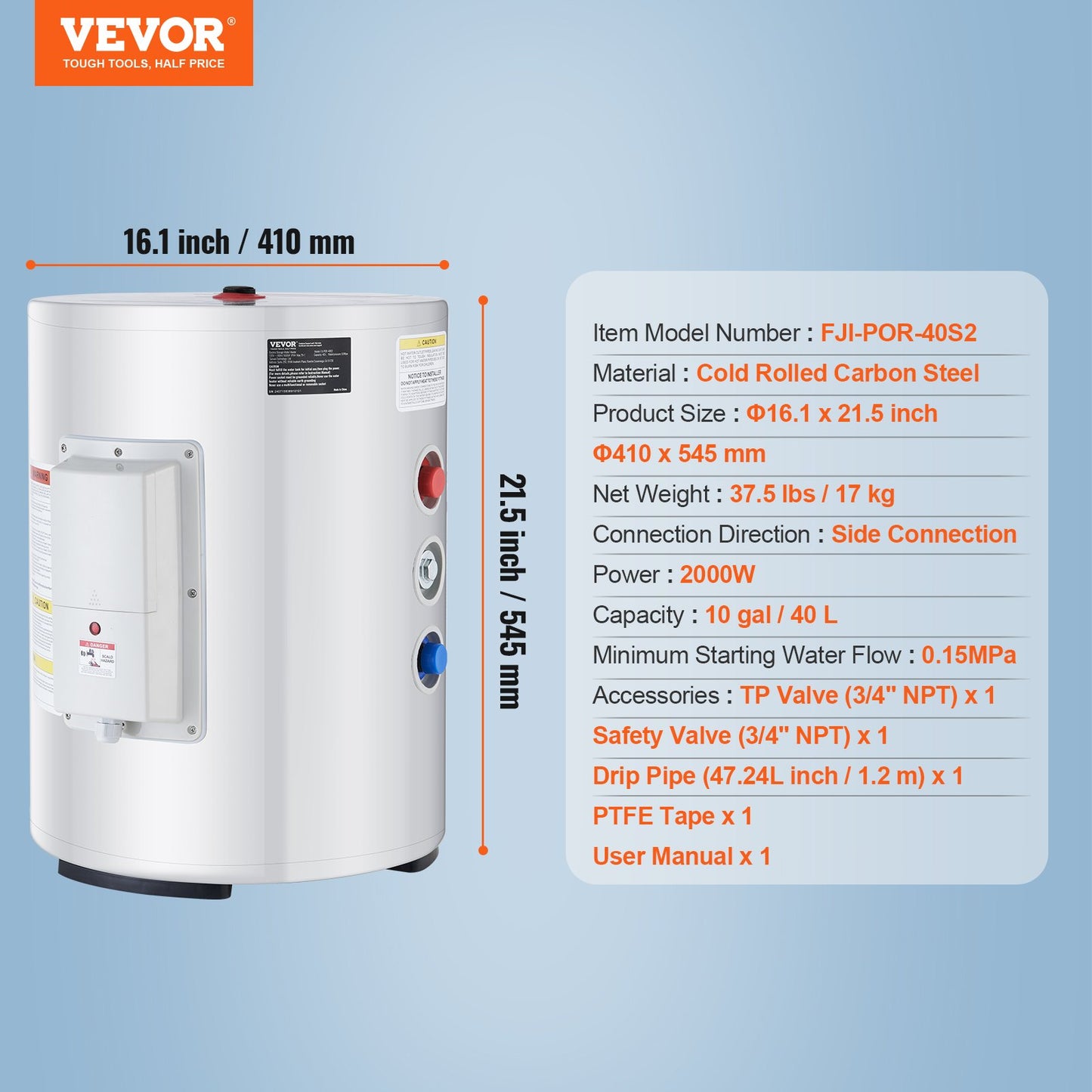 Electric Water Heater, 10 Gallon Tank Instant Hot Water Heater, 1.6Kw Tankless Water Heater w/ LED Display,Knob Control, IPX4 Waterproof Side Connection On Demand Heaters for Shower, Bath