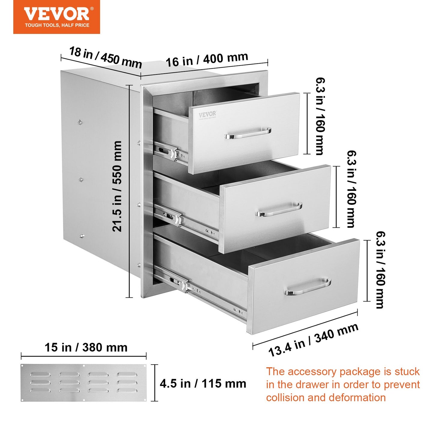 Outdoor Kitchen Drawers 16\" W x 21.5\" H x 18\" D, Flush Mount Triple Access BBQ Drawers with Stainless Steel Handle, BBQ Island Drawers for Outdoor Kitchens or BBQ Island Patio Grill Station