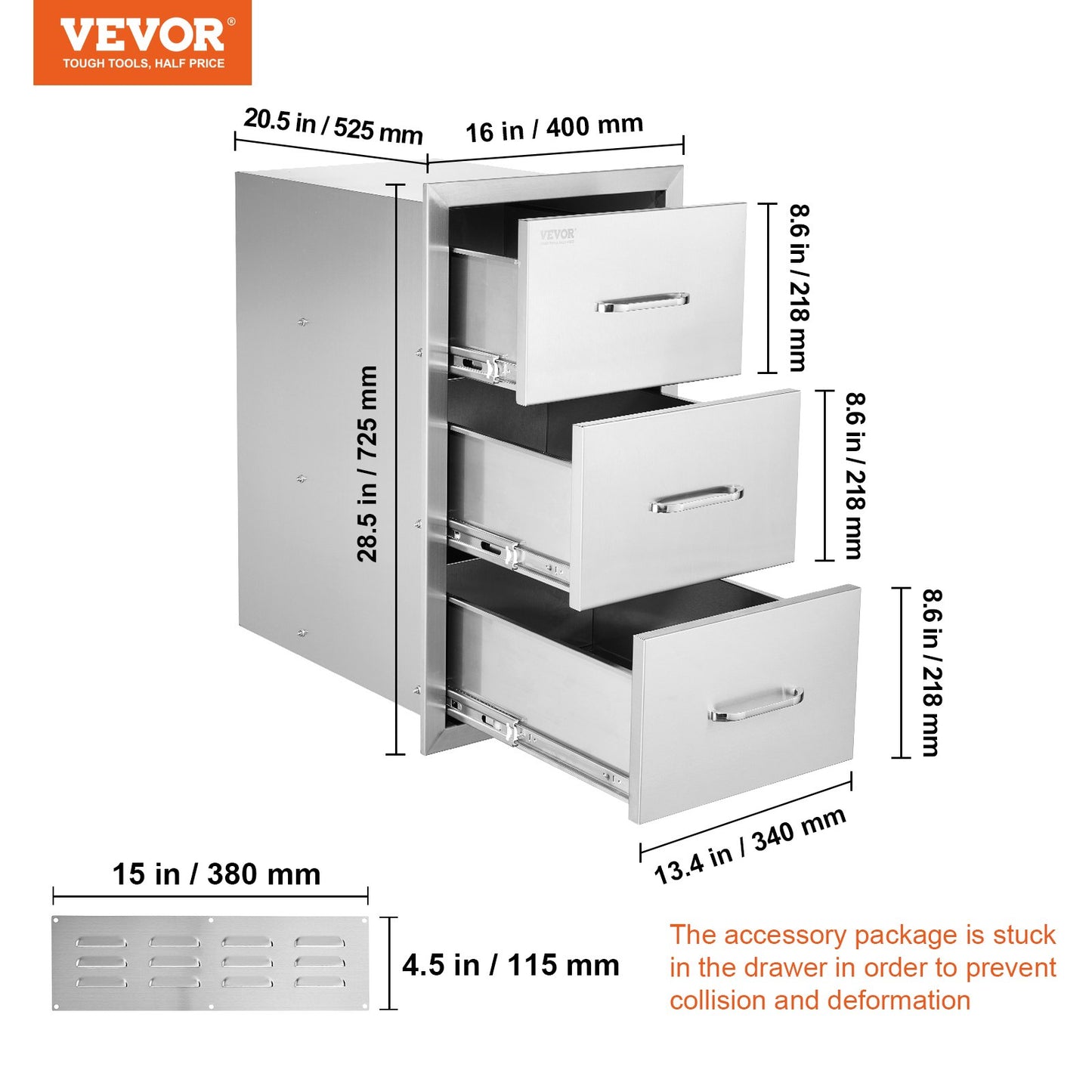 Outdoor Kitchen Drawers 16\" W x 28.5\" H x 20.5\" D, Flush Mount Triple Access BBQ Drawers Stainless Steel with Handle, BBQ Island Drawers for Outdoor Kitchens or Patio Grill Station