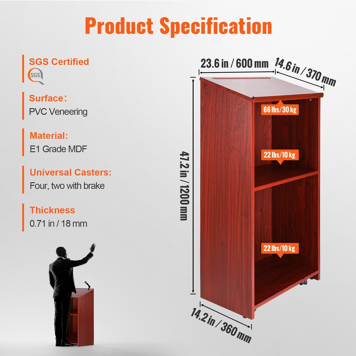Podiumställ, 47 tum värdinnaställ med 4 hjul, träpodium med förvaringshyllor och snedställt skrivbord, kateder och podier för kyrka, kontor, skola, hem, brun