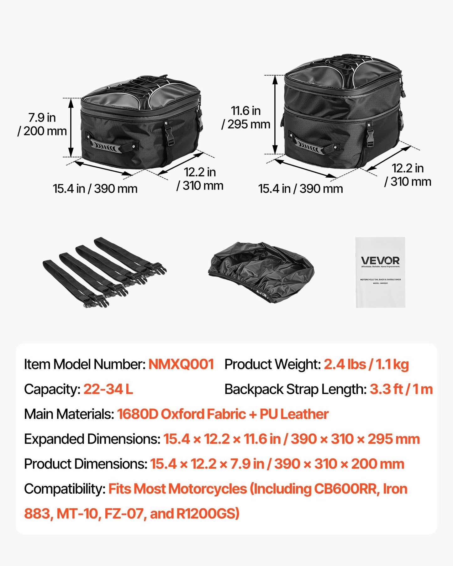 Motorcycle Tail Bag, 22-34 L Expandable Motorcycle Rear Seat Bag with Waterproof Rain Cover, Outdoor Sports Motorbike Luggage Storage Backpack Handbag with Straps, Pocket & Elastic Cord, Black