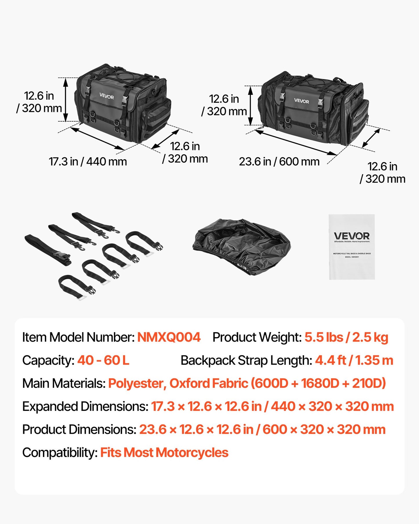 Motorcycle Tail Bag, 40-60 L Expandable Motorcycle Rear Seat Bag with Waterproof Rain Cover, Foldable Outdoor Sports Motorbike Luggage Storage with Shoulder Straps, Pocket & Elastic Cord, Black