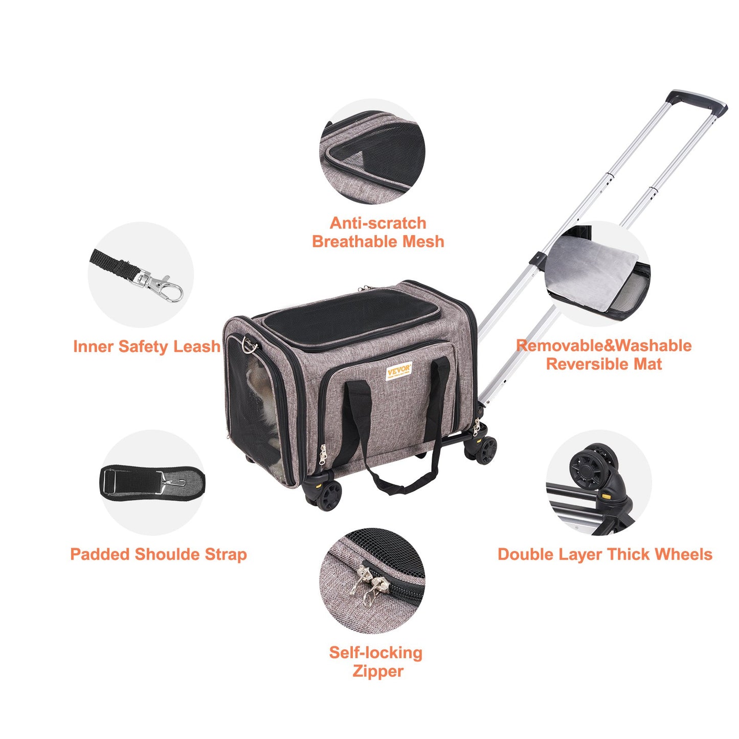 Cat Carrier with Wheels, Airline Approved Rolling Pet Carrier with Telescopic Handle and Shoulder Strap, Dog Carrier with Wheels for Pets under 25 lbs, with 1 Folding Bowl, Grey