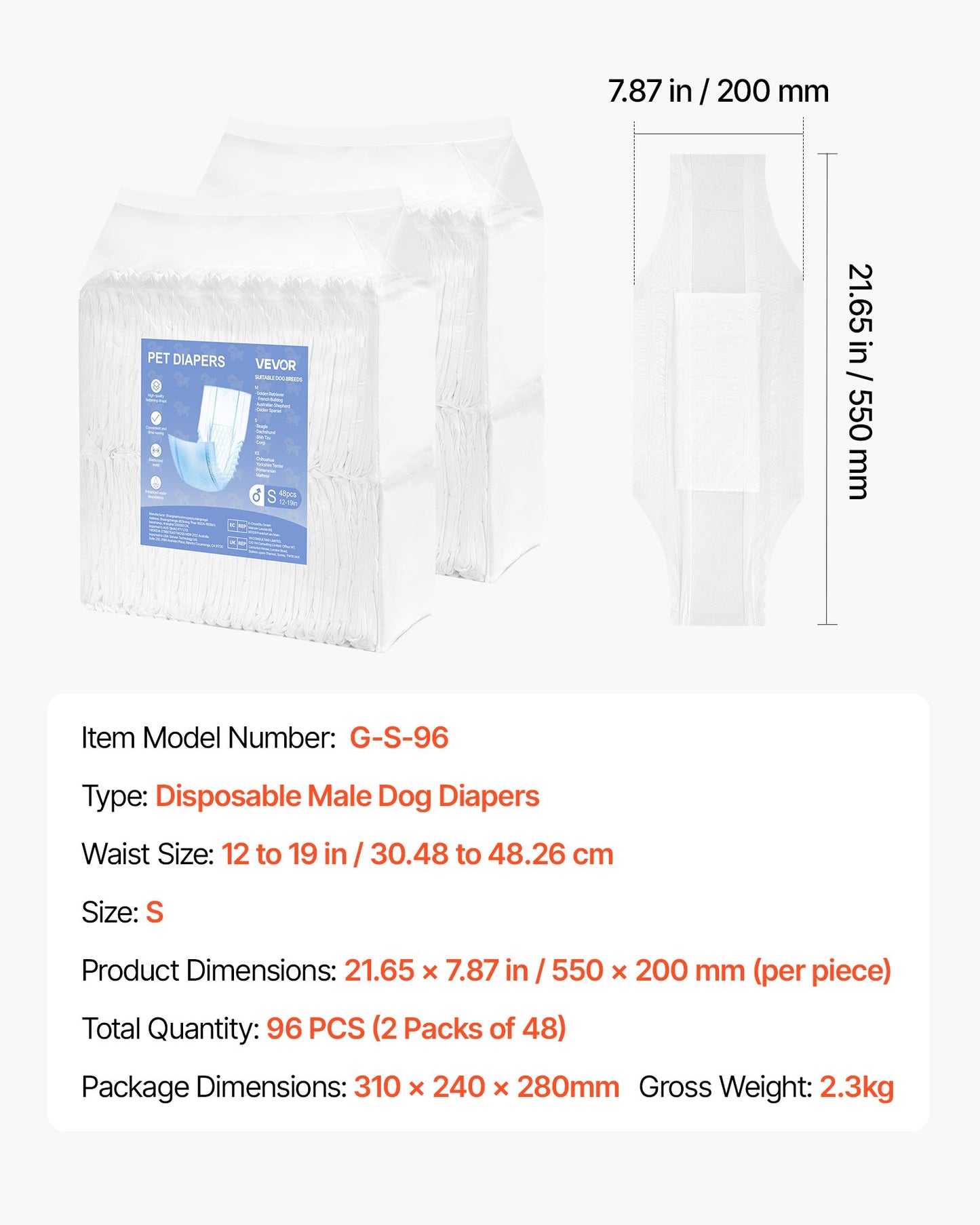 Engångsblöjor för hanhundar, superabsorberande blöjor för hanhundar, 360° läckagesäkra magblöjor med våtindikator för hundar i löp, träning, inkontinens - S, 96 st (2 förpackningar med 48)