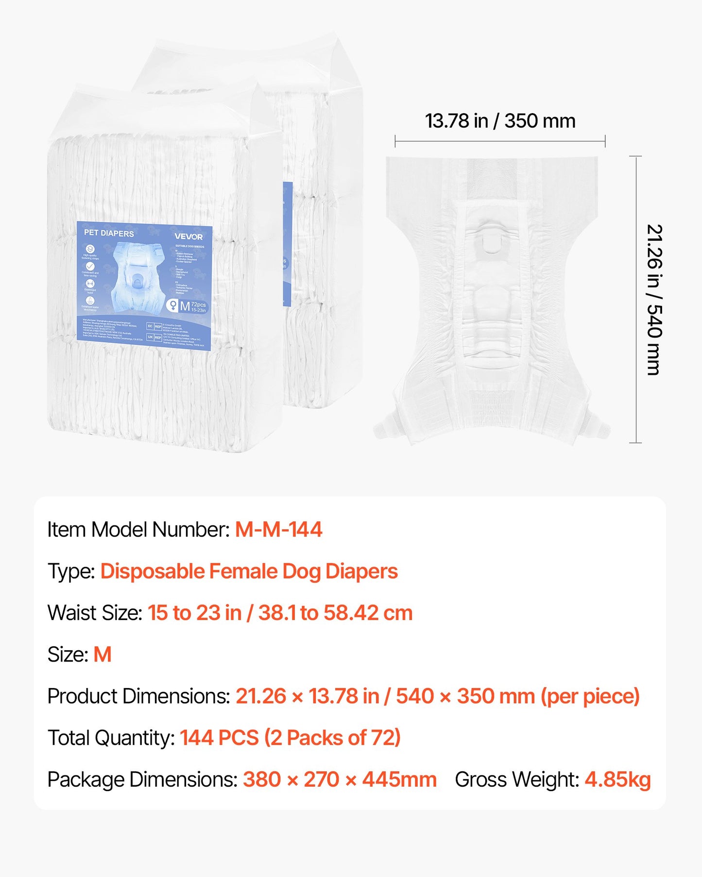 Engångsblöjor för hundar, superabsorberande blöjor för tikhundar, 360° läckagesäker blöja för tikhundar med våtindikator för löpperioder, träning, inkontinens - M, 144 st (2 förpackningar med 72)