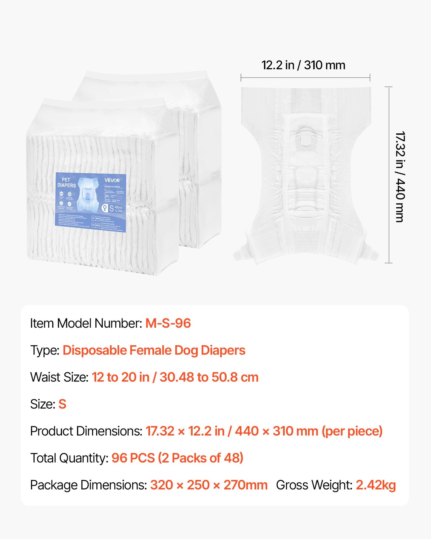 Engångsblöjor för hundar, superabsorberande blöjor för tikhundar, 360° läckagesäker blöja för tikhundar med våtindikator för löpperioder, träning, inkontinens - S, 96 st (2 förpackningar med 48)