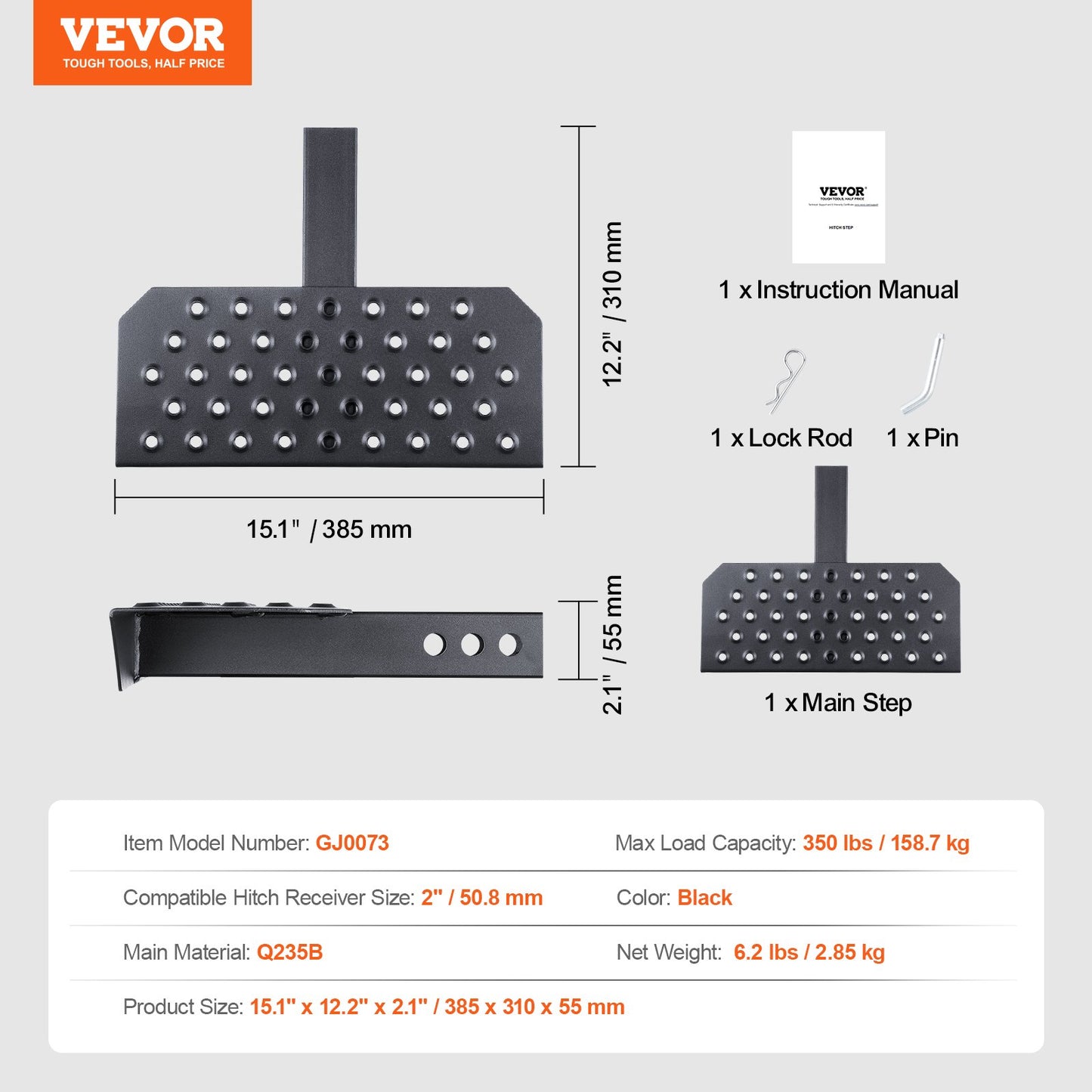Dragkrok för 5 cm fäste, stark stålkonstruktion med 165 kg lastkapacitet, bakre stötfångarskydd med låsstift, universell passform för lastbil, SUV, pickup, släpvagn