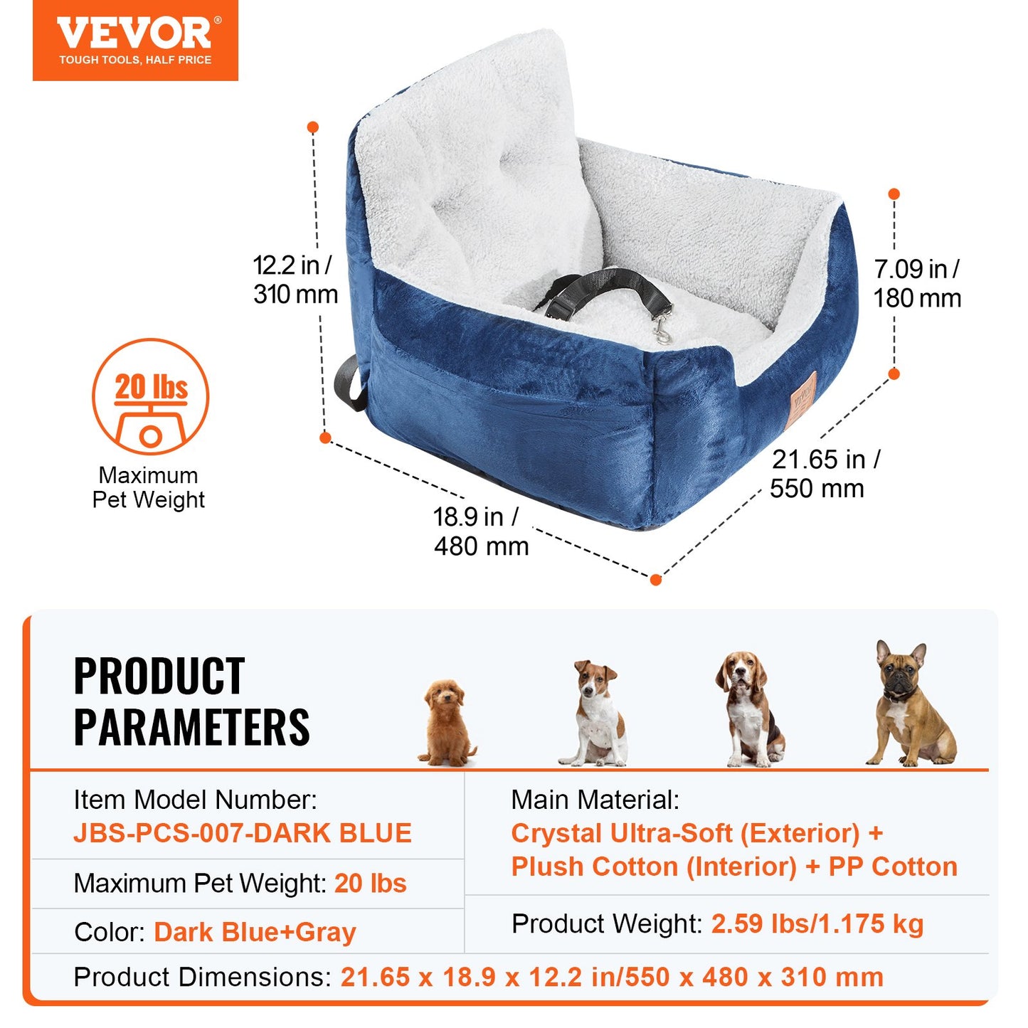 Dog Car Seat, Dog Booster Seat for Car with High Back, A Storage Pocket, Clip-On Safety Leash, PP Cotton Filling, Dog Car Bed for Small Dog up to 20lbs, Dark Blue+Gray