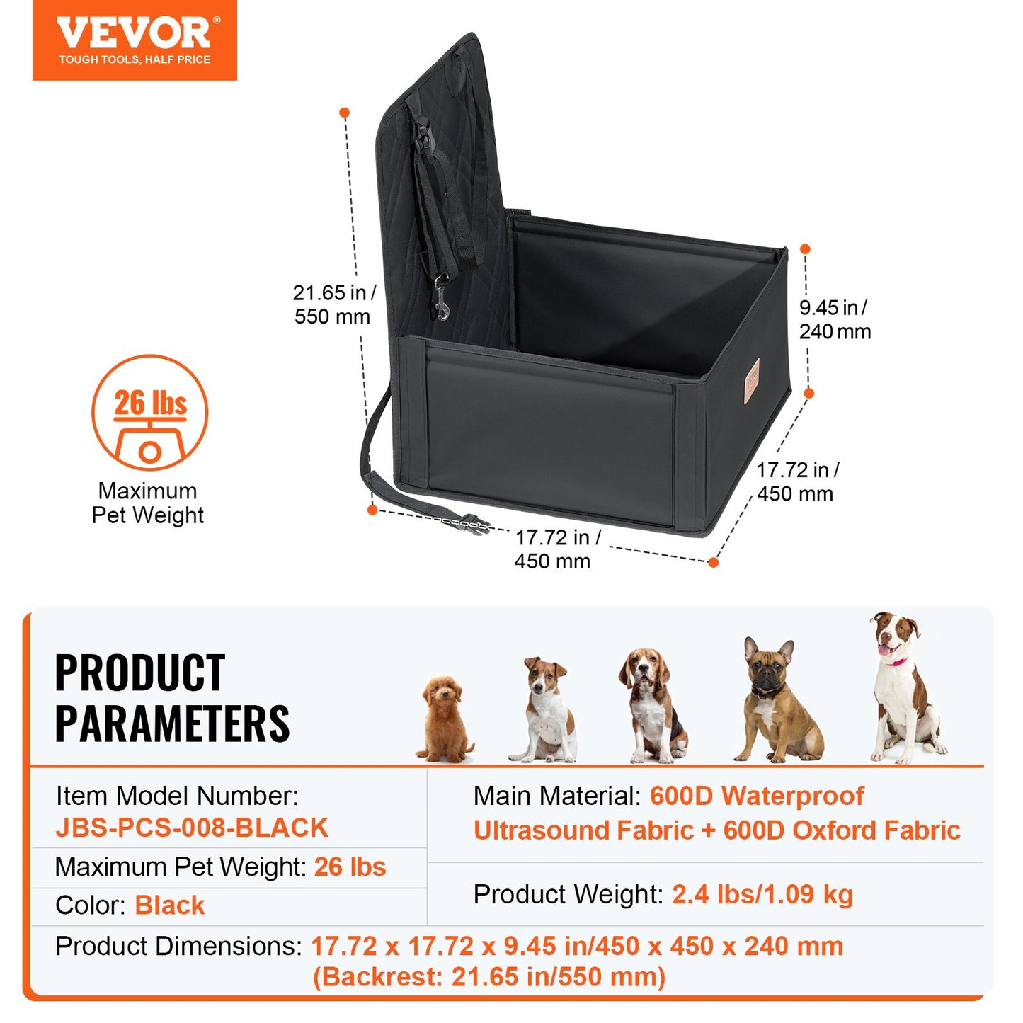 Dog Car Seat, Dog Booster Seat for Car with Support Frame, Pet Car Seat with Clip-On Safety Leash, Cotton Filling, Dog Car Bed for Small Dog up to 26 lbs, Black