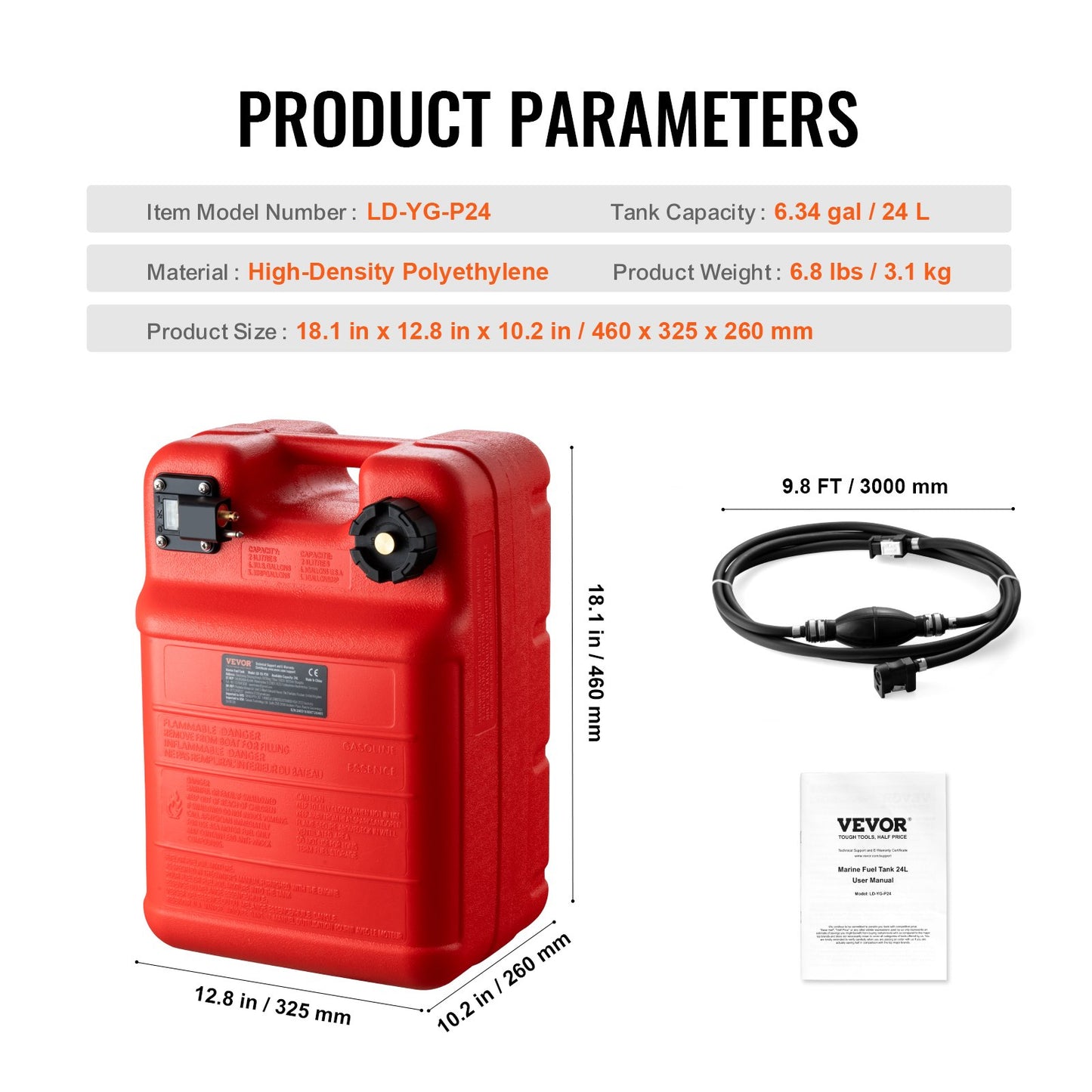 Marine Tank, 6.34-Gallon/24-L Marine Portable Tank Outboard Marine Boat Transfer Tank with 9.8ft Hose, Gauge for Outboard Engine Boats, Yacht, Fishing Boat, Deck Boat, Red