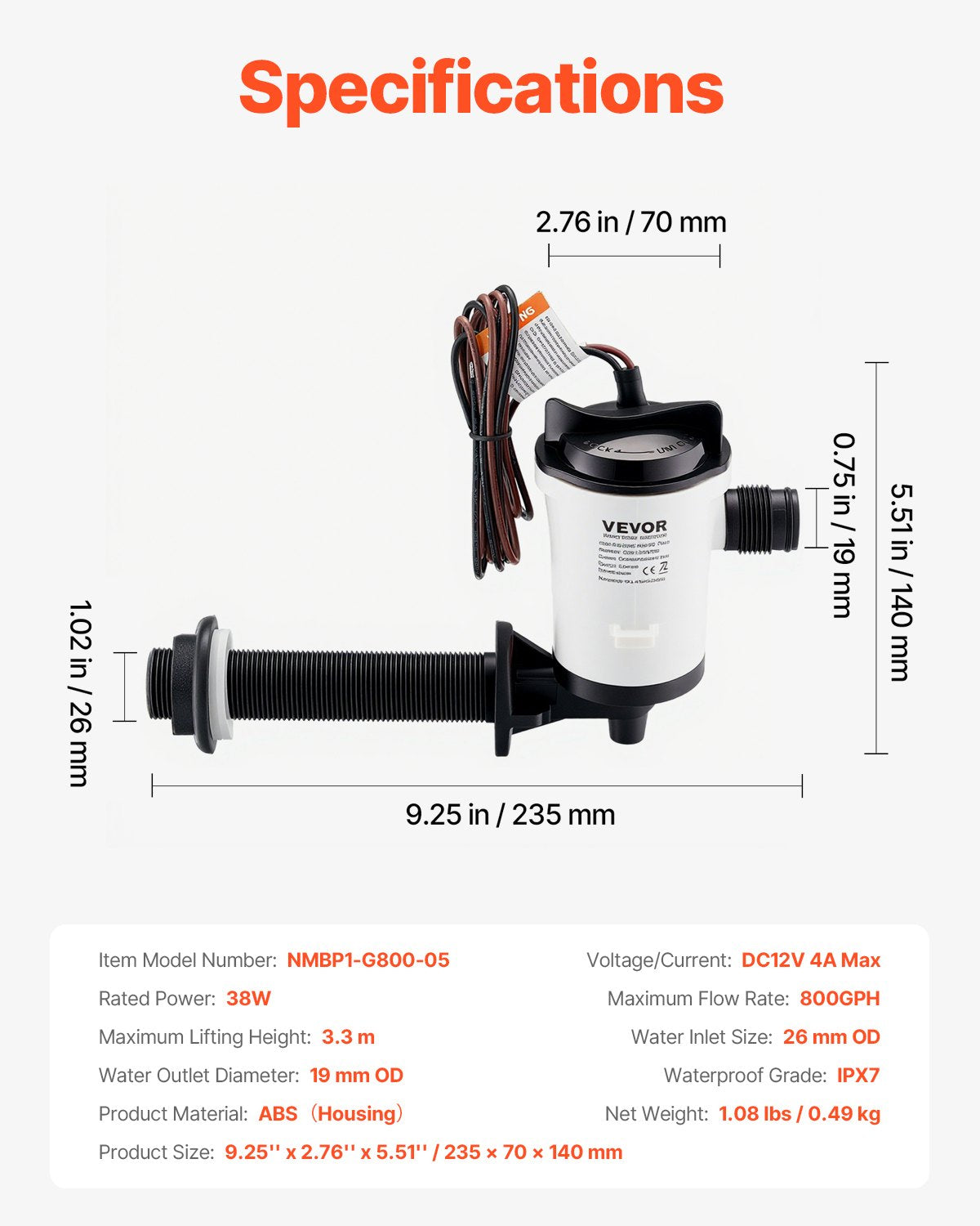 Livewell Pump for Boat, 12V 50 L/min(800 GPH) Livewell Aerator Pump with Detachable Motor, 90-Degree Baitwell Pumps for Boats, Corrosion-Resistant Submersible Aerator Pump, for Freshwater and Saltwater