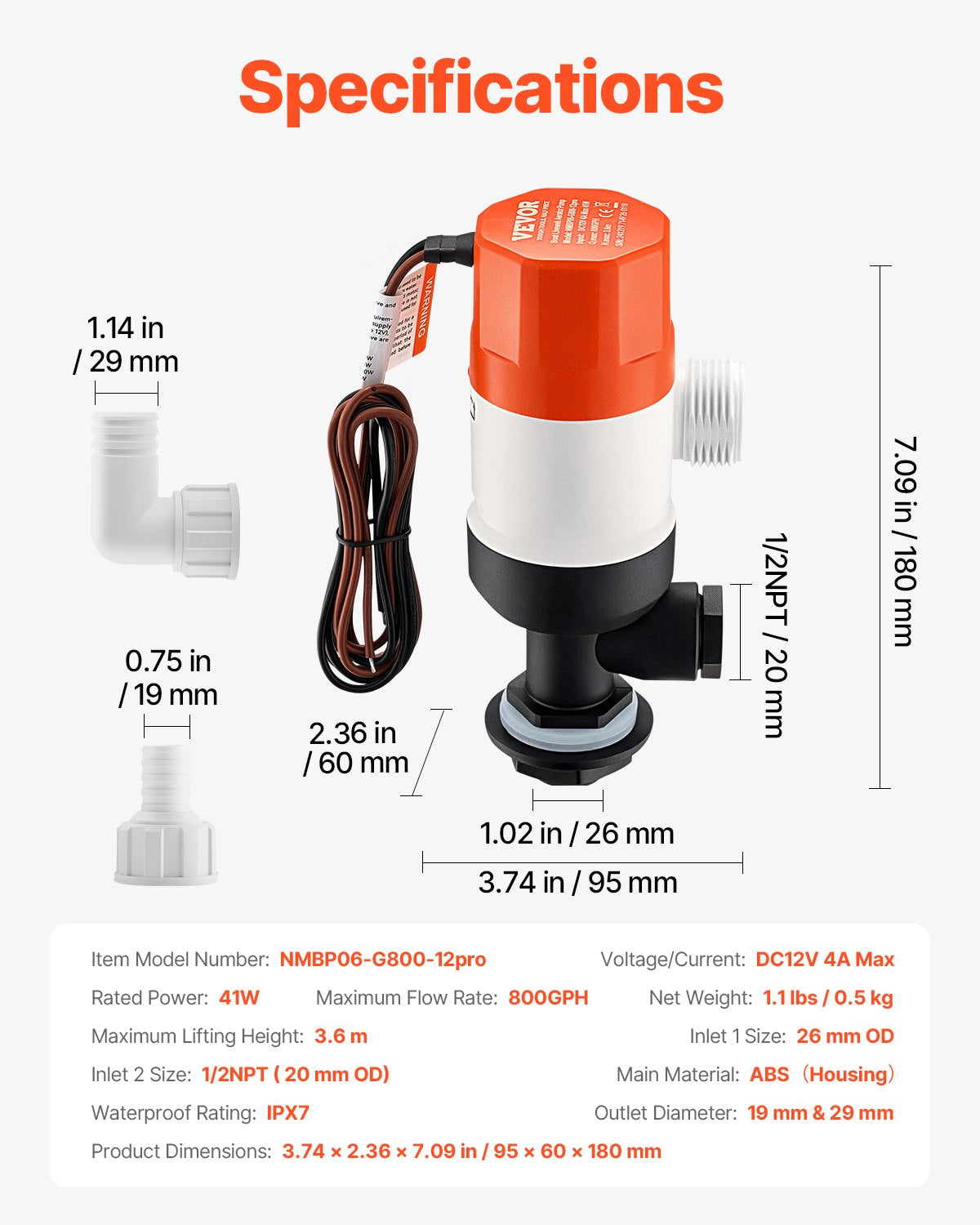 Livewell Pump for Boat, 12V 50 L/min(800 GPH) Straight Livewell Aerator Pump with Dual Inlet, ABA Housing & Detachable Motor Cartridge, Corrosion-Resistant Livewell/Baitwell Pump for Freshwater Saltwater