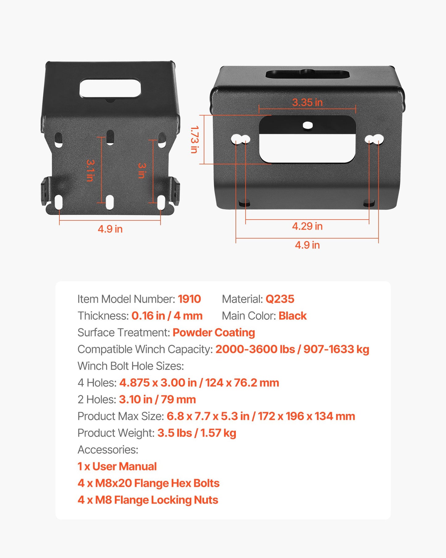 Winch Mount, Winch Capacity of 907-1633 kg, Trailer Hitch Winch Mount for Select Honda Foreman and Rancher Rubicon Models (2014-2021), 2 Mounting Hole Design, Powder Coated Steel, Black