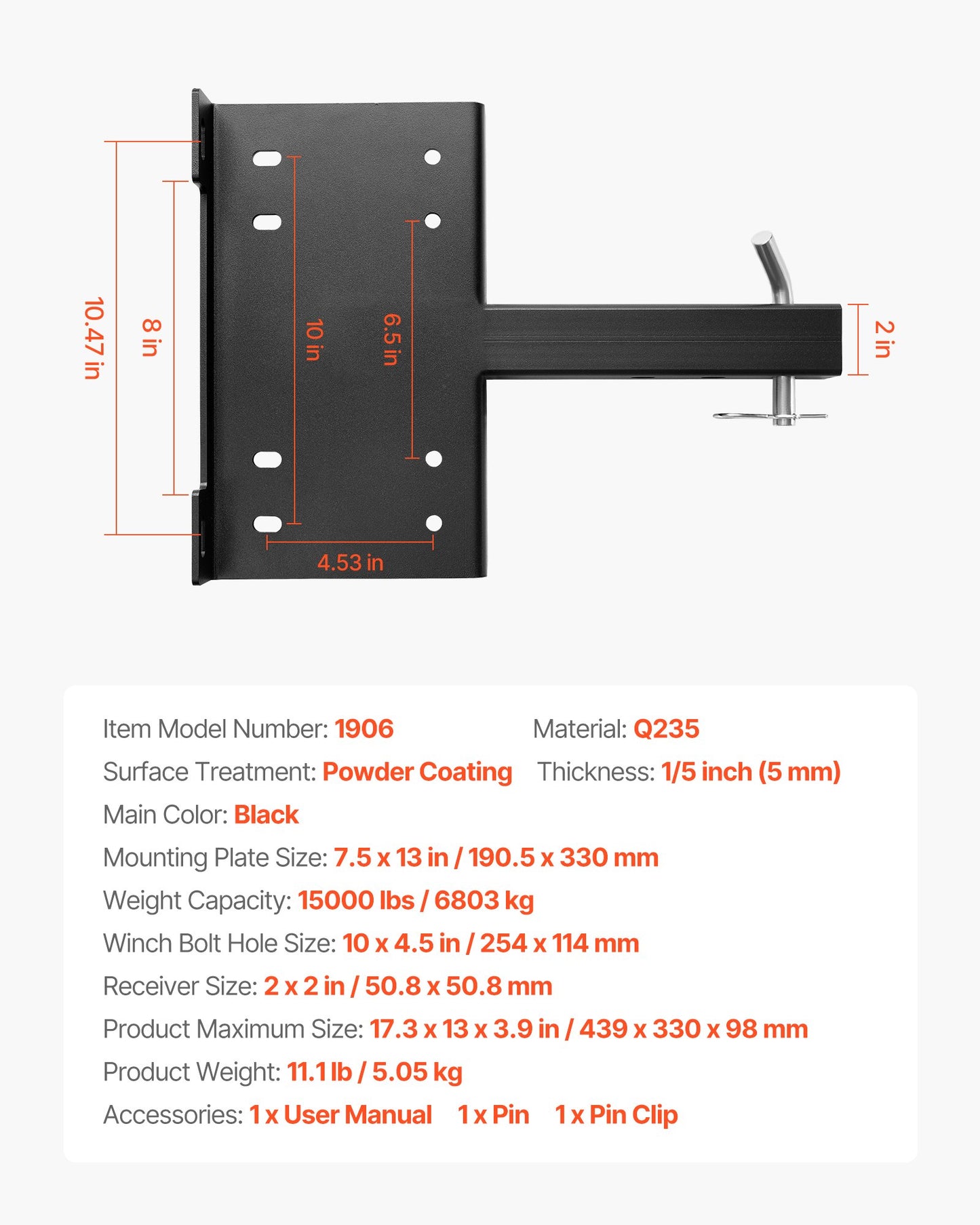 Vinschfäste, 6803 kg lastkapacitet, vinschfäste för dragkrok med 50,8 mm mottagare, design med 2 monteringshål, pulverlackerat stål, lämplig för ATV, UTV, pickup, svart