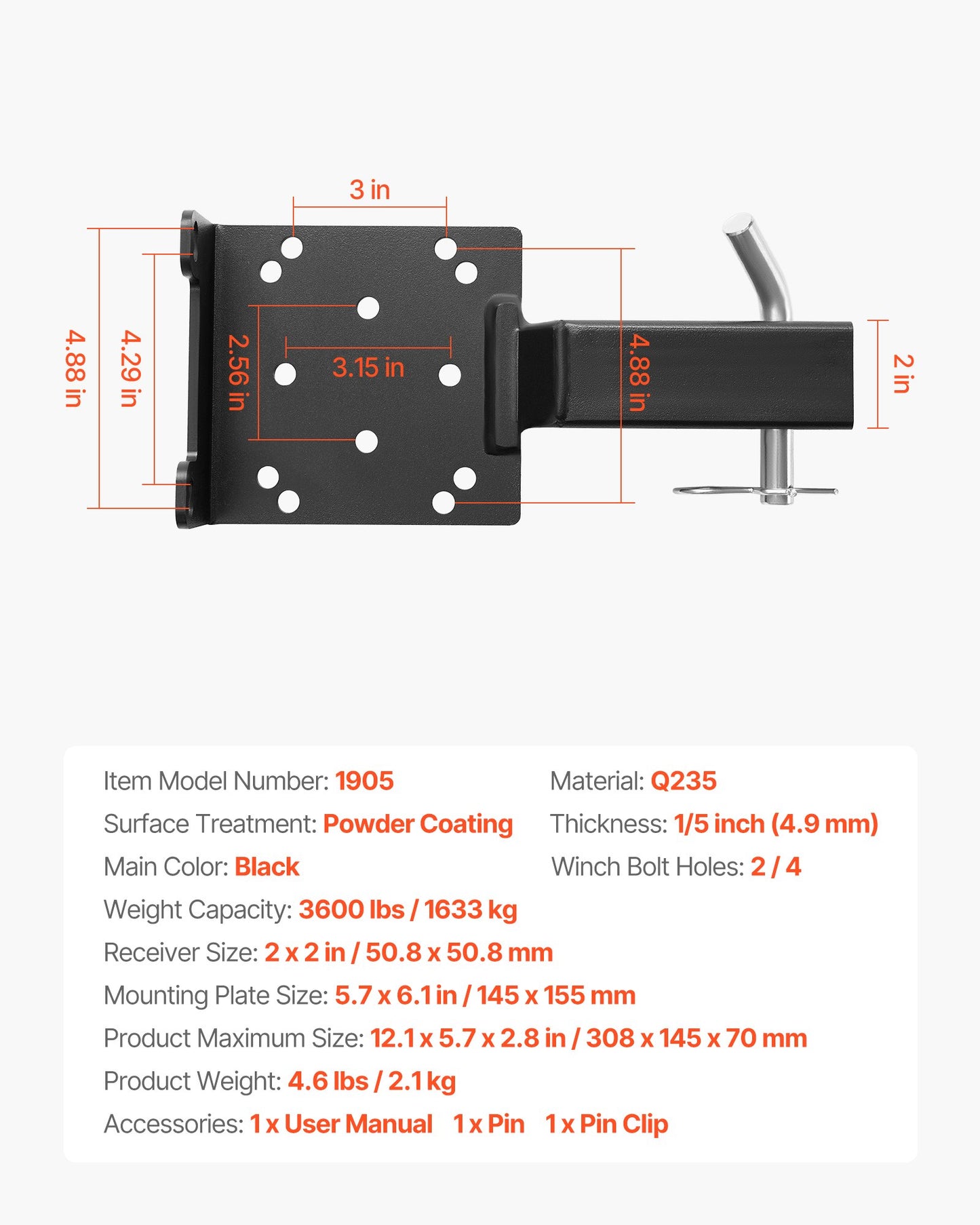 Winch Mount, 3600 lbs / 1633 kg Load Capacity, Trailer Hitch Winch Mount with 50.8 mm Receiver, 2/4 Winch Bolt Holes, Powder Coated Steel, Suitable for ATV UTV Pickup Truck, Black