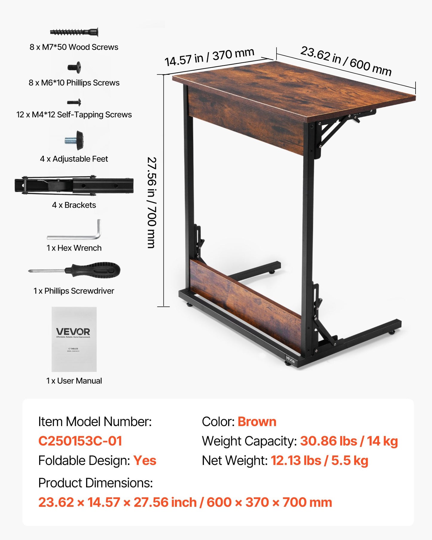 C Table, Folding C Shaped End Table with Metal Frame & Adjustable Feet, Foldable C Shaped Side Table for Living Room Bedroom Office, 23.62 x 14.57 x 27.56 inch C Shaped TV Tray, Brown and Black