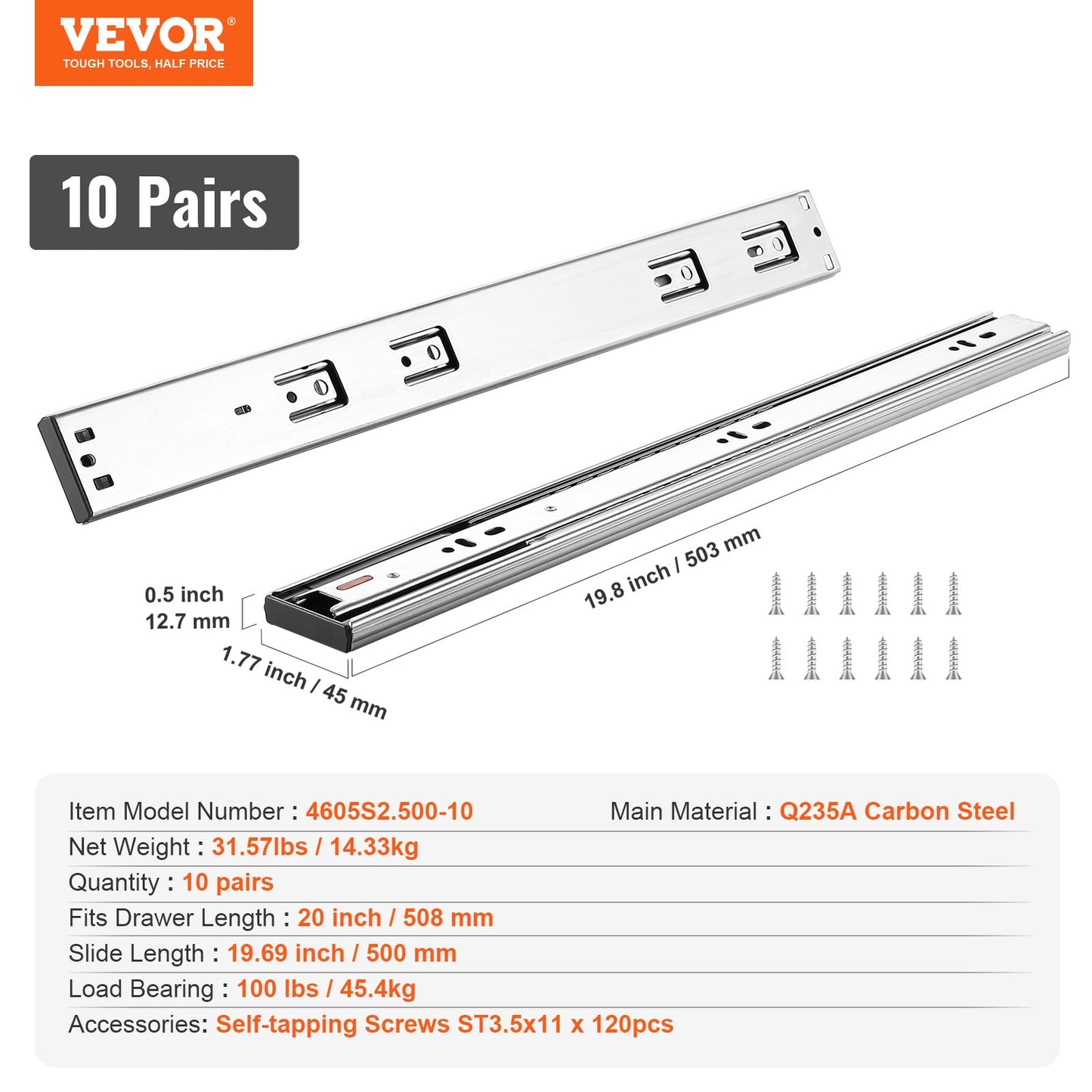 10 Pairs of 508mm Drawer Slides Side Mount Rails, Heavy Duty Full Extension Steel Track, Soft-Close Noiseless Guide Glides Cabinet Kitchen Runners with Ball Bearing, 100 Lbs Load Capacity