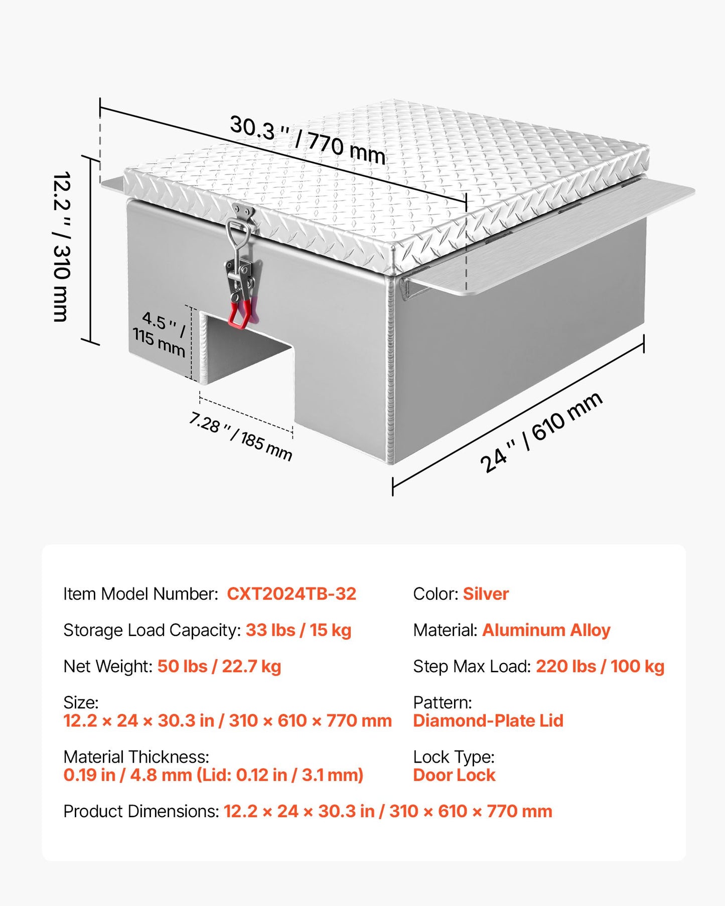 Truck Bed Tool Box, Heavy Duty Aluminum Tool Box with Diamond Plate, Storage Toolbox Chest Organizer Supports up to 100 kg, Ideal for Pickup, Truck Bed, RV, Trailer, 770 x 610 x 310 mm, Silver