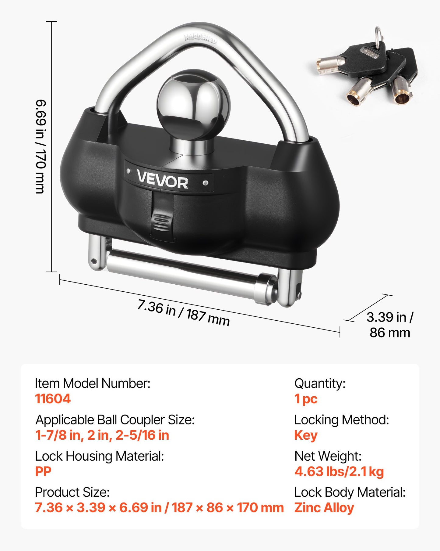 Dragkrokslås, Passar för 46 mm, 50,8 mm, 58,7 mm kopplingar, Kraftigt stöldskyddat släpvagnskullås med 3 nycklar, Bryksäker, Justerbar höjddesign för husbilar, båtar, släpvagnar, Svart