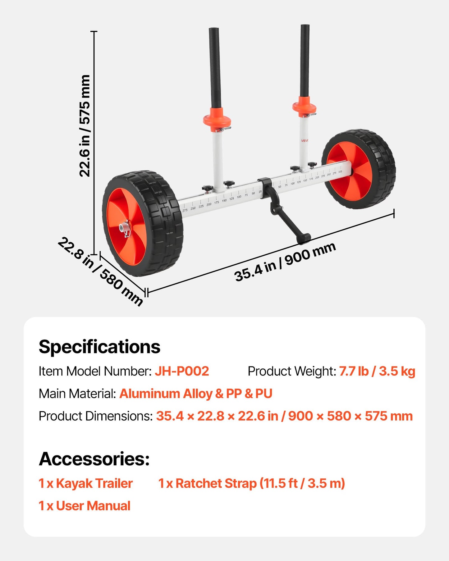 Kayak Cart, 104 kg Load Capacity, Canoe Cart Dolly with 25.4 cm Solid PU Tires & Kickstand, Assembles & Disassembles Within Seconds, Paddle Board Trolley for Kayaks, Canoes, Paddleboards