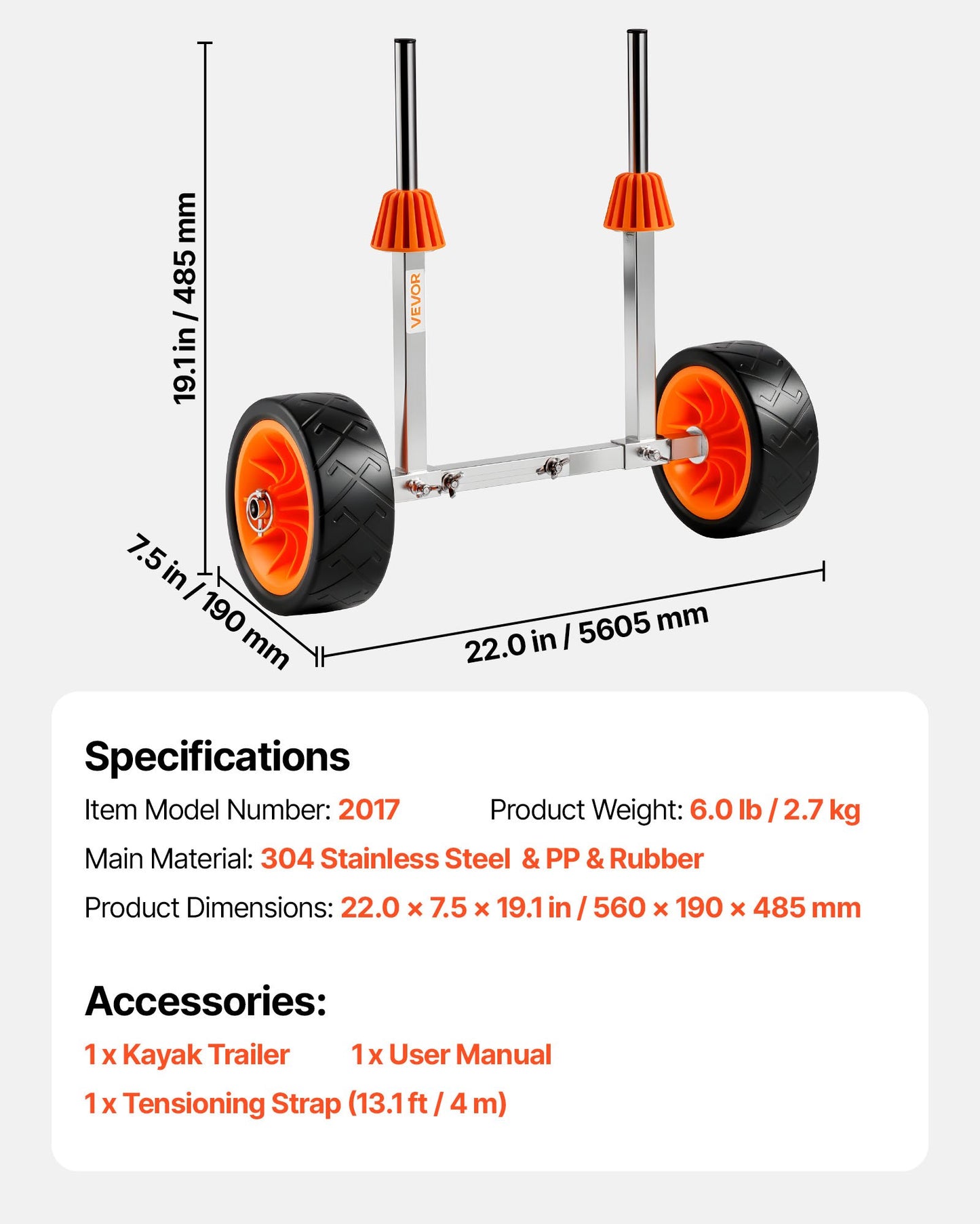 Kayak Cart, 113.4 kg Load Capacity, Canoe Cart Dolly with 19.1 cm Solid Rubber Tires & Kickstand, Assembles & Disassembles Within Seconds, Paddle Board Trolley for Kayaks, Canoes, Paddleboards
