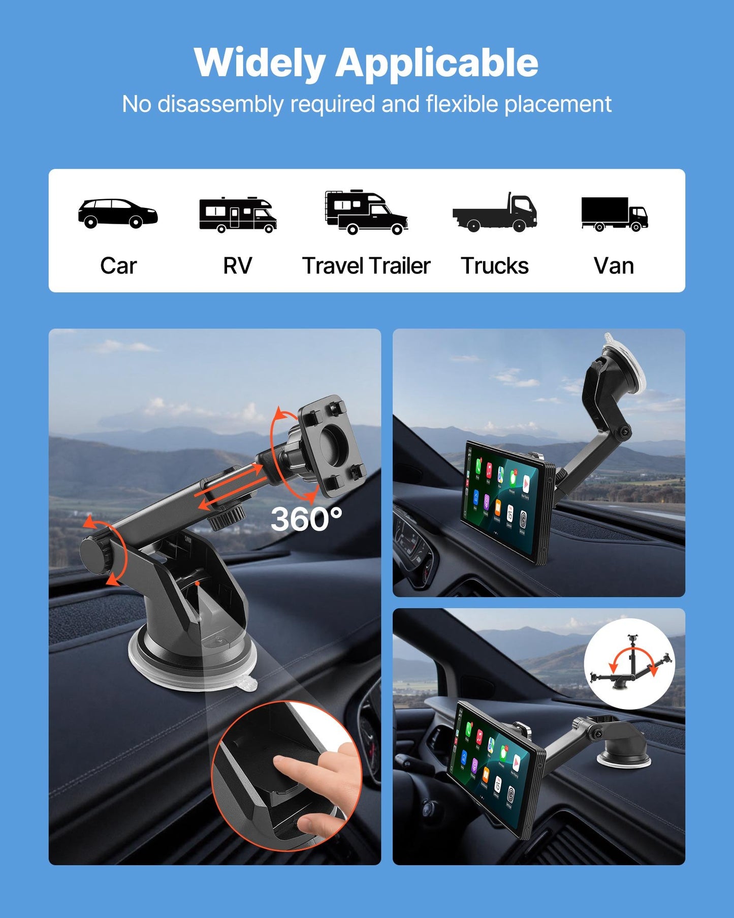 Wireless Car Stereo, 254 mm HD Portable Radio Touch Screen with Apple CarPlay and Android Auto, CarPlay Screen with Front & Backup Cameras, Voice Control, Mirror Link, Bluetooth, GPS Navigation