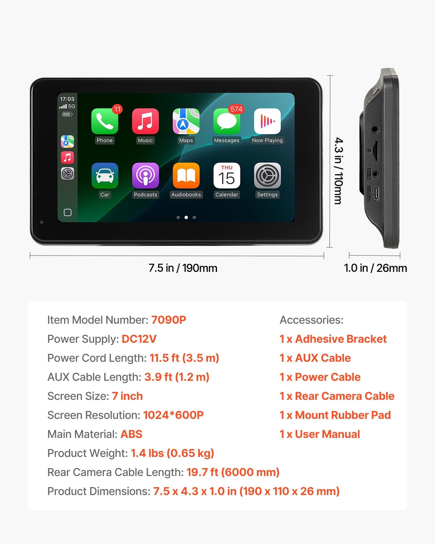 Wireless Car Stereo, 177.8mm HD Portable Radio Touch Screen Compatible with Apple CarPlay & Android Auto, CarPlay Screen with Backup Camera, Voice Control, Mirror Link, Bluetooth, GPS Navigation