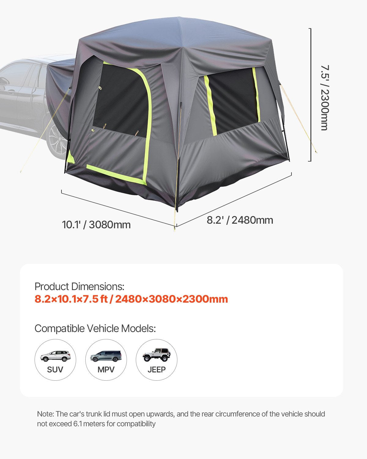 SUV Tent for Camping, 10FT L x 8FT W, Waterproof PU2000mm Spacious Double Layer Design for 5-8 Person, SUV Camping Tent with Mesh Windows, Includes Rainfly & Storage Bag, for Outdoor Activities