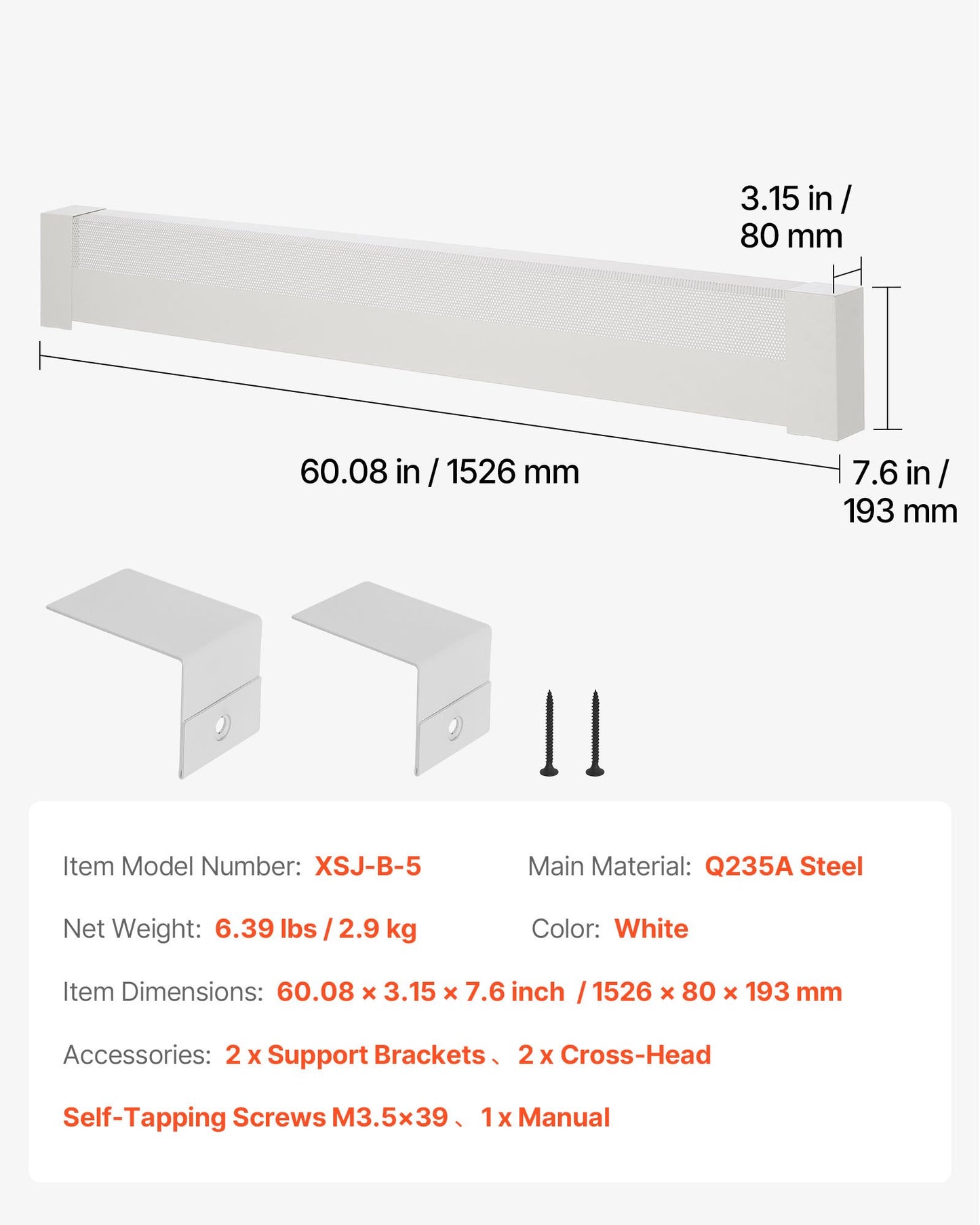 Värmekåpor till golvlister, Basic-serien 1526 mm standardfrontkåpa för elektrisk värmeenhet för heminredning, kraftigt stål, enkel installation för sovrum, byter ut gammalt kåpa, vit