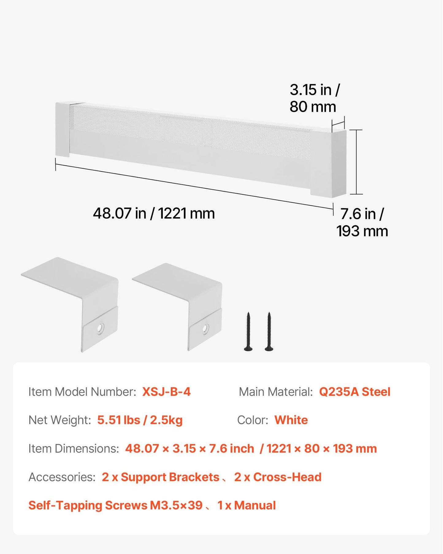 Värmekåpor till golvlister, Basic-serien 1211 mm standardfrontkåpa för elektrisk värmeenhet för hemförbättring, kraftigt stål, enkel installation för sovrum, byter ut gammalt kåpa, vit