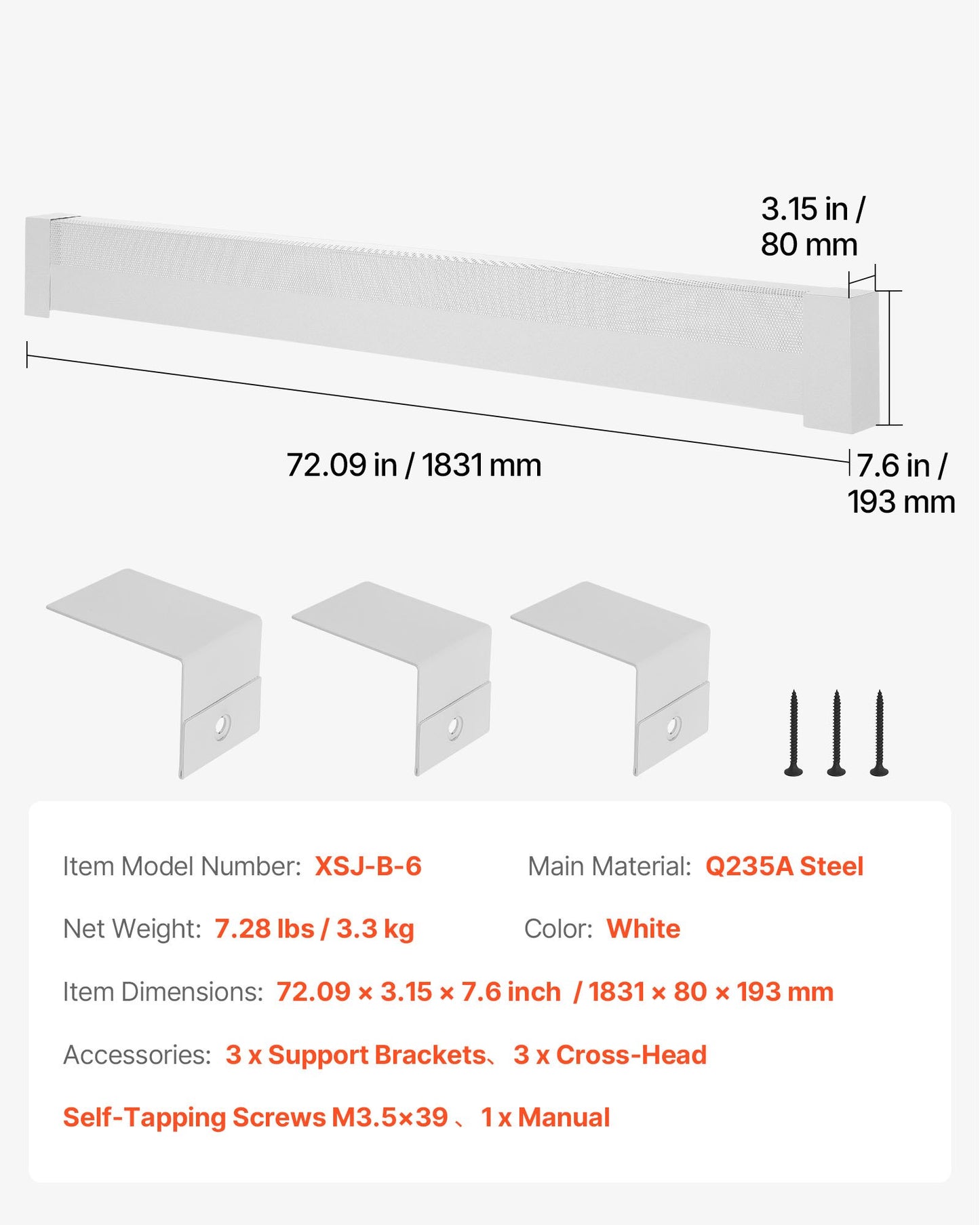 Värmekåpor till golvlister, Basic-serien 1831 mm standardfrontkåpa för elektrisk värmeenhet för hemförbättring, kraftigt stål, enkel installation för sovrum, byter ut gammalt kåpa, vit