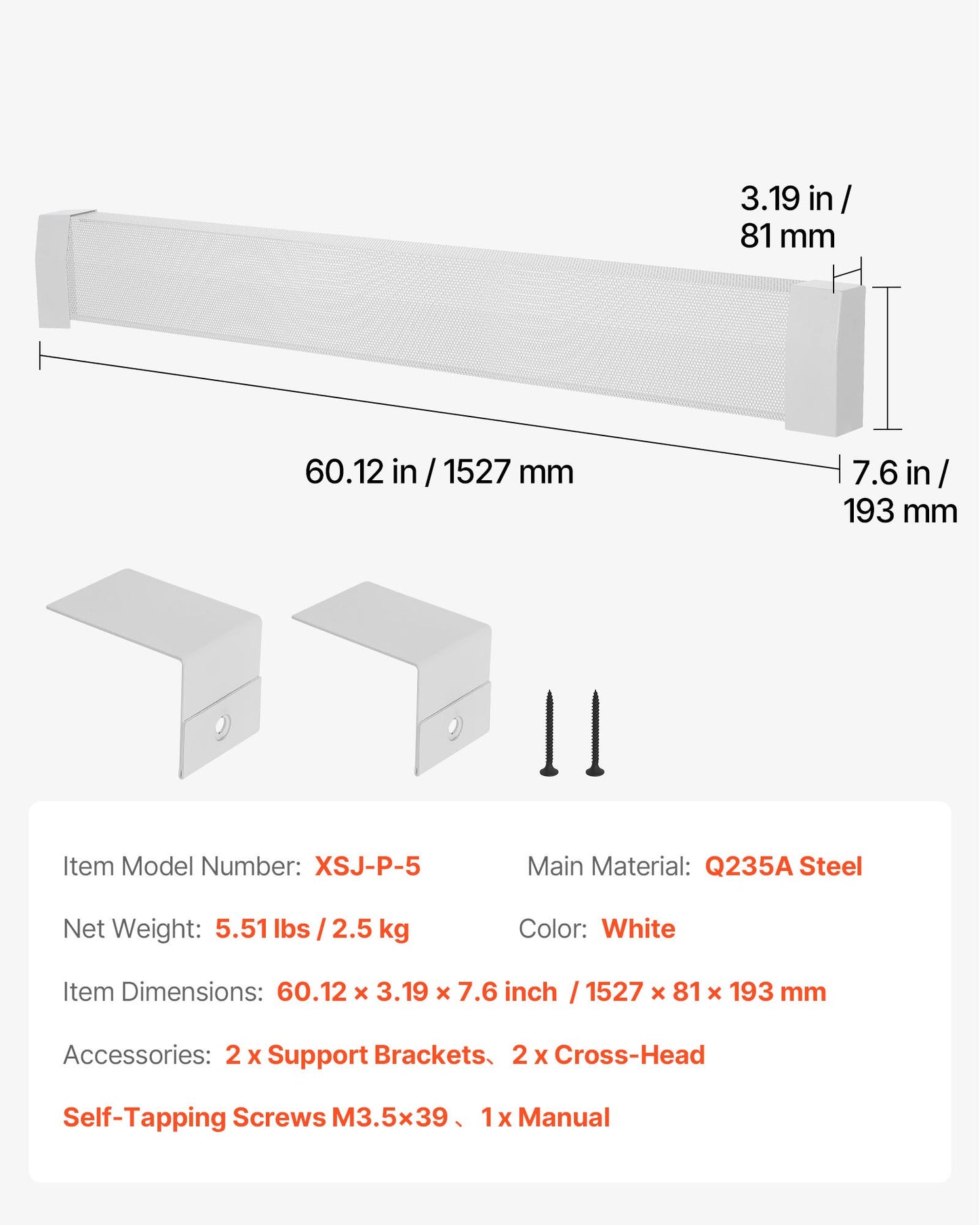 Värmekåpor till golvlister, Premium-serien 1527 mm standardfrontkåpa för elektrisk värmeenhet för hemförbättring, kraftigt stål, enkel installation för sovrum, byter ut gammalt kåpa, vit