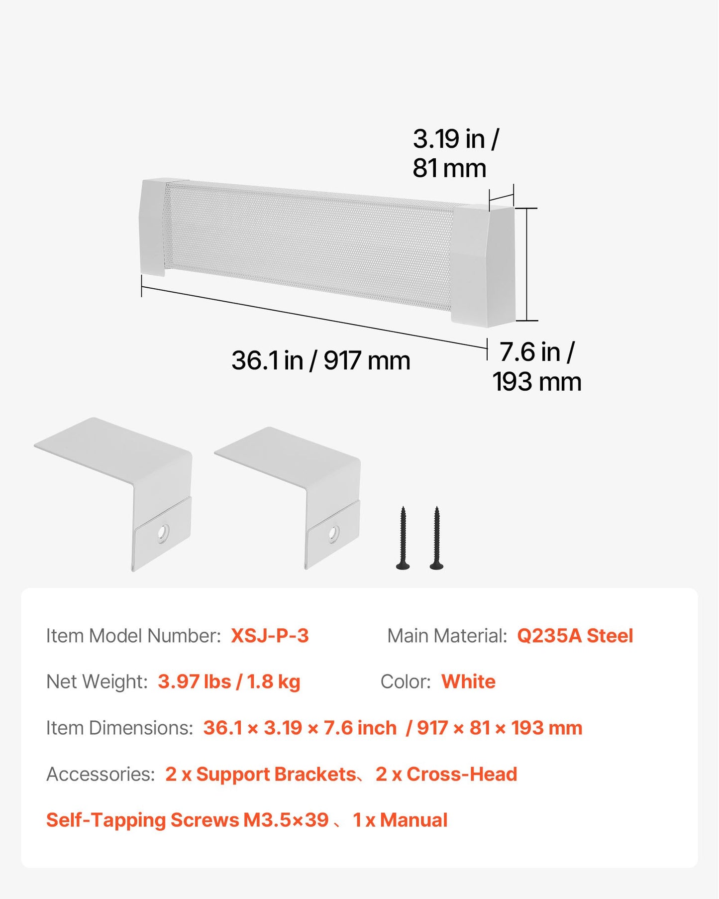 Värmekåpor till golvlister, Premium-serien 917 mm standardfrontkåpa för elektrisk värmeenhet för hemförbättring, kraftigt stål, enkel installation för sovrum, byter ut gammalt kåpa, vit