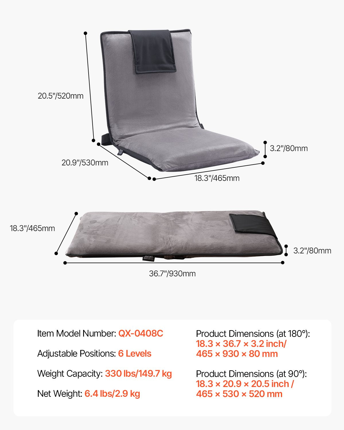 Golvstol, 6-positions justerbar meditationsstol med ryggstöd, hopfällbar soffstol för läsning, TV-tittande och spel, bärbar golvstol, loungesoffa för barn, tonåringar, vuxna, grå