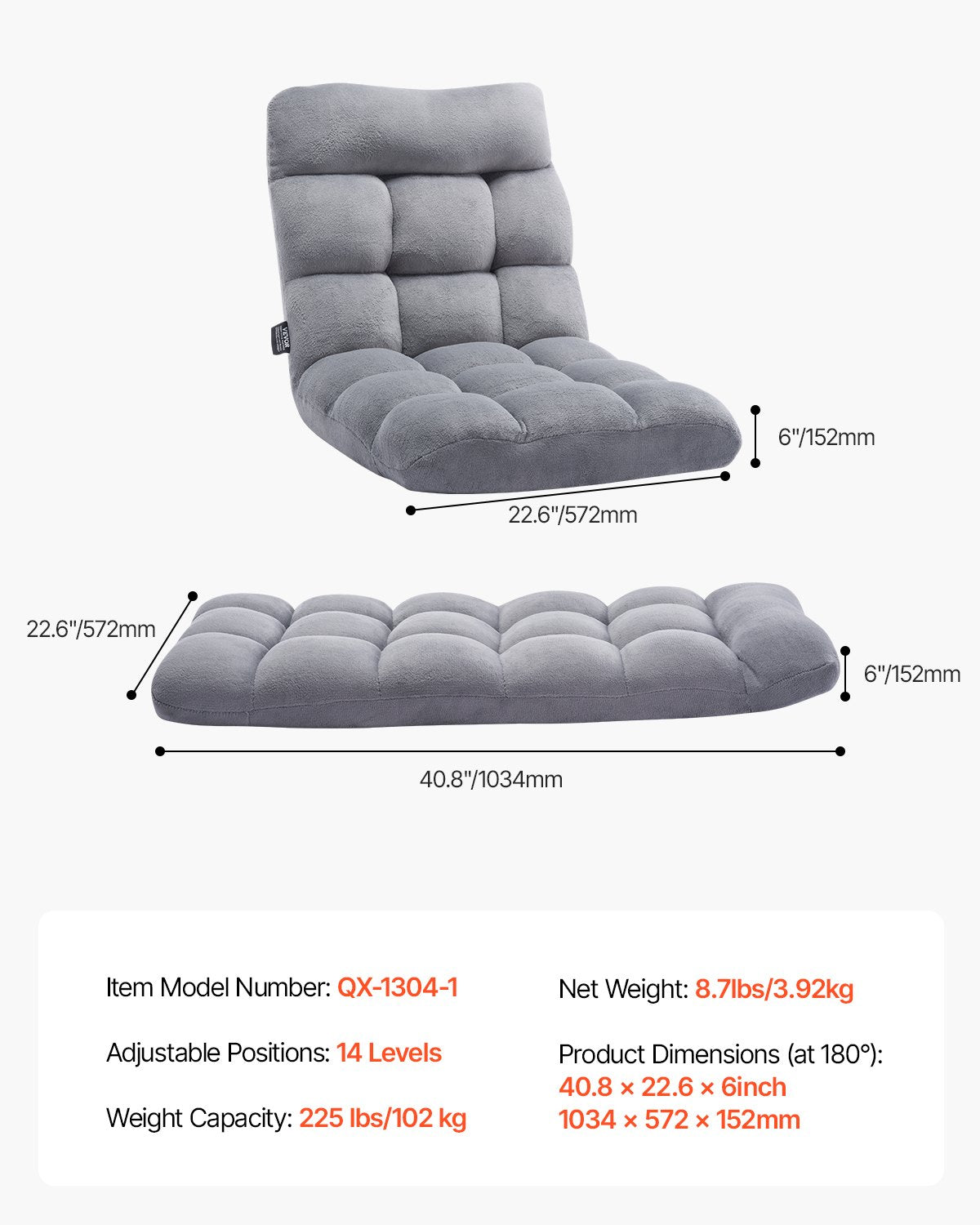 Floor Chair, Recycled Foam Folding Sofa Chair with 14 Adjustable Positions, Multifunctional Floor Chair with Back Support Ideal for Sleeping Reading, Floor Gaming Chair for Living Room, Gray