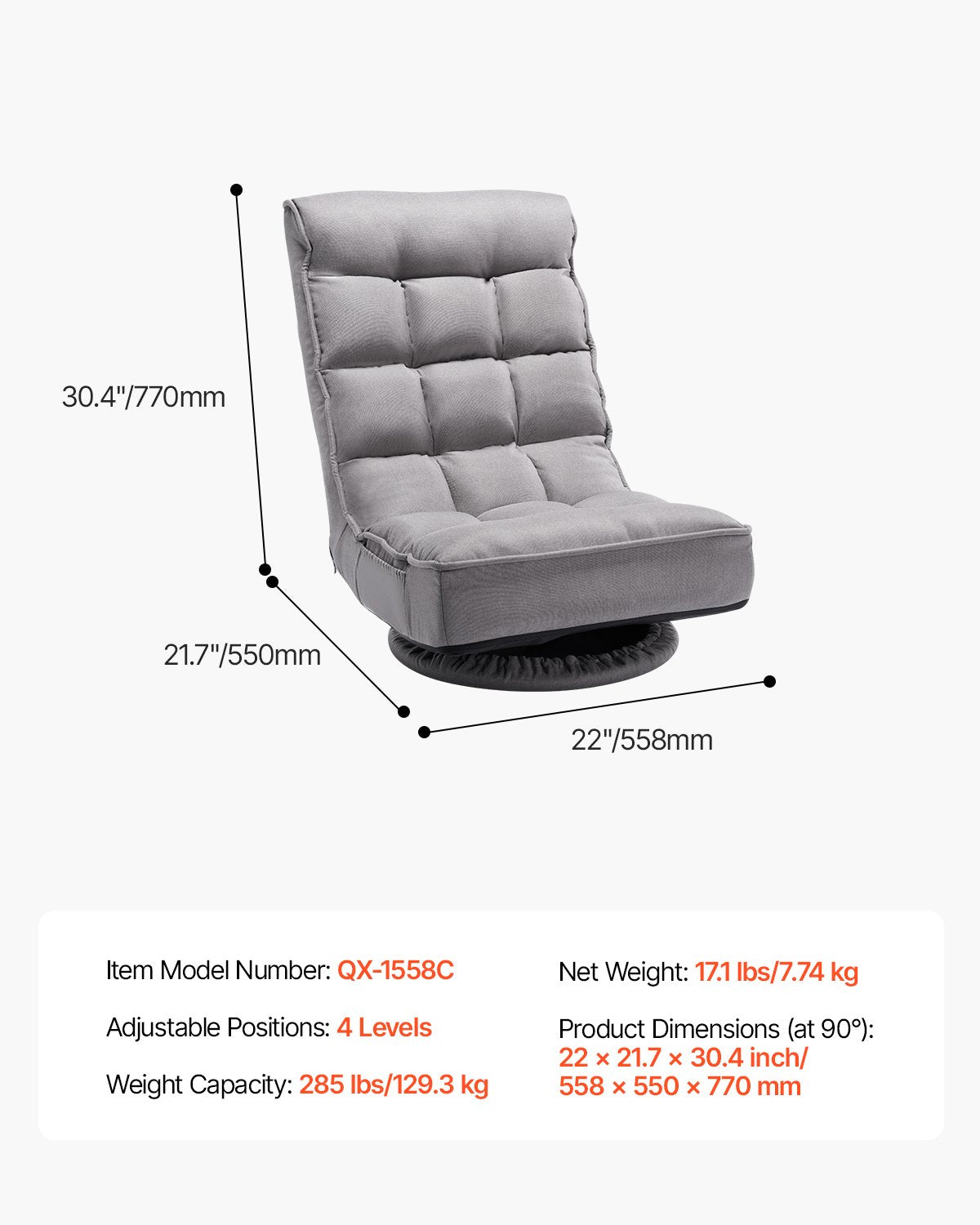Vridbar golvspelstol, 360-graders roterande golvstol med 4 justerbara positioner, fällbart ryggstöd och ländryggsstöd, hopfällbar videosoffa för att titta på TV, läsa och spela spel, grå