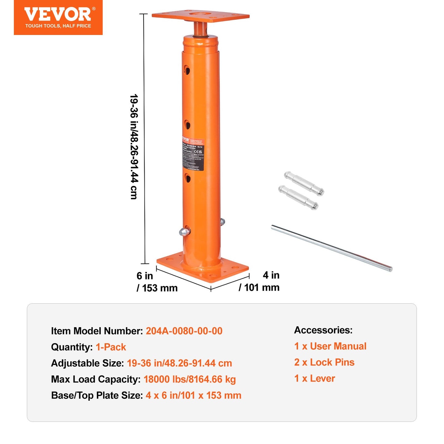 House Floor Jack, 19"-36" Height Range, 18000 lbs Max Load Capacity, Adjustable Support Beam Basement Jack Post Pole for Leveling, Lift Support Steel Telescoping Jack Post for Temporary Support