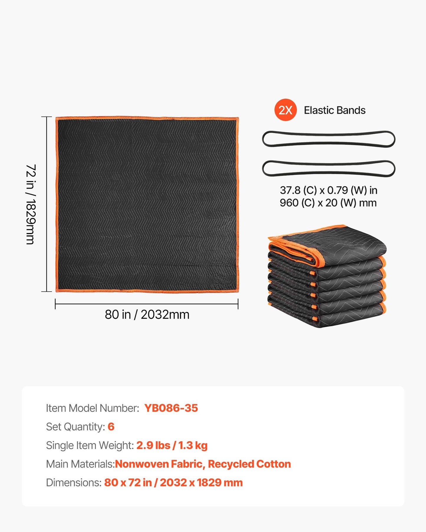 Flyttfiltar 6 st, 2032 x 1829 mm (15,9 kg/dz) Stora packfiltar med bomullsfyllning, kraftig non-woven vadderad flyttfilt för frakt, inslagning, skydd av möbler