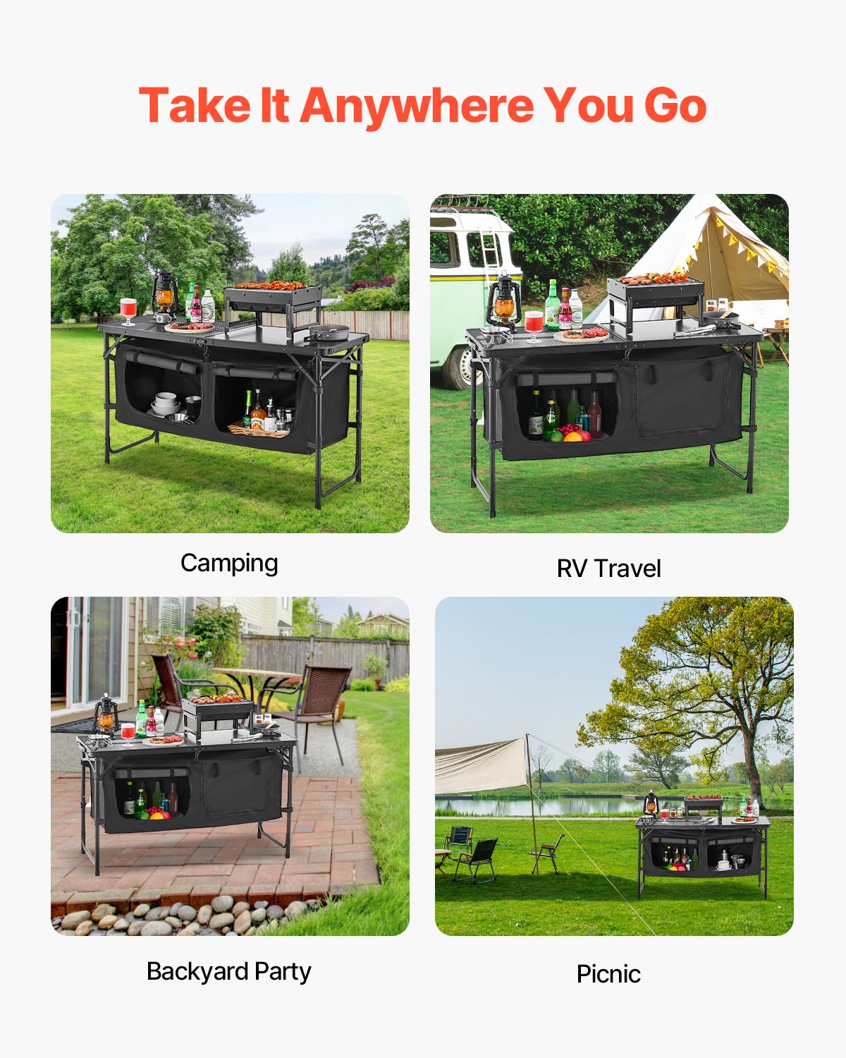 Camping Kitchen Table, Folding Outdoor Cooking Table, 3 Adjustable Heights, Aluminum Lightweight Portable Cook Station with Storage Organizer, Carry Handle, for BBQ Party Picnic RV Travel, Black