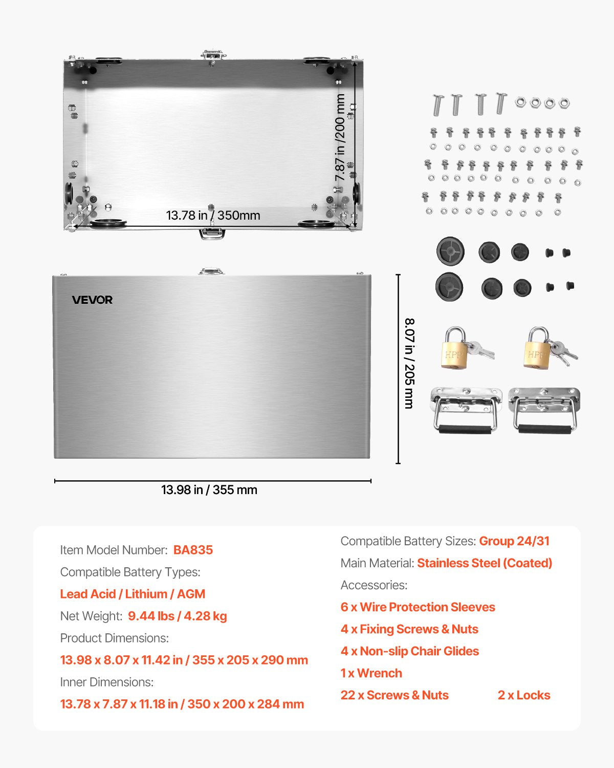 Batterilåda, Grupp 24/31 Batterilåda för trollingmotor, Marinbatterilåda med lås, handtag och gummigenomföring för kabelhål, Skal i rostfritt stål, Lämplig för bilar, båtar och trollingmotorer