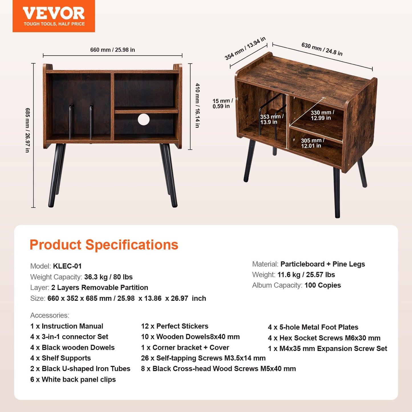 Record Player Stand, Turntable Stand Holds Up to 100 Albums, Vintage Vinyl Record Cabinet with Removable Shelves, Record Player Table with Adjustable Height for Living Room, Bedroom, Brown