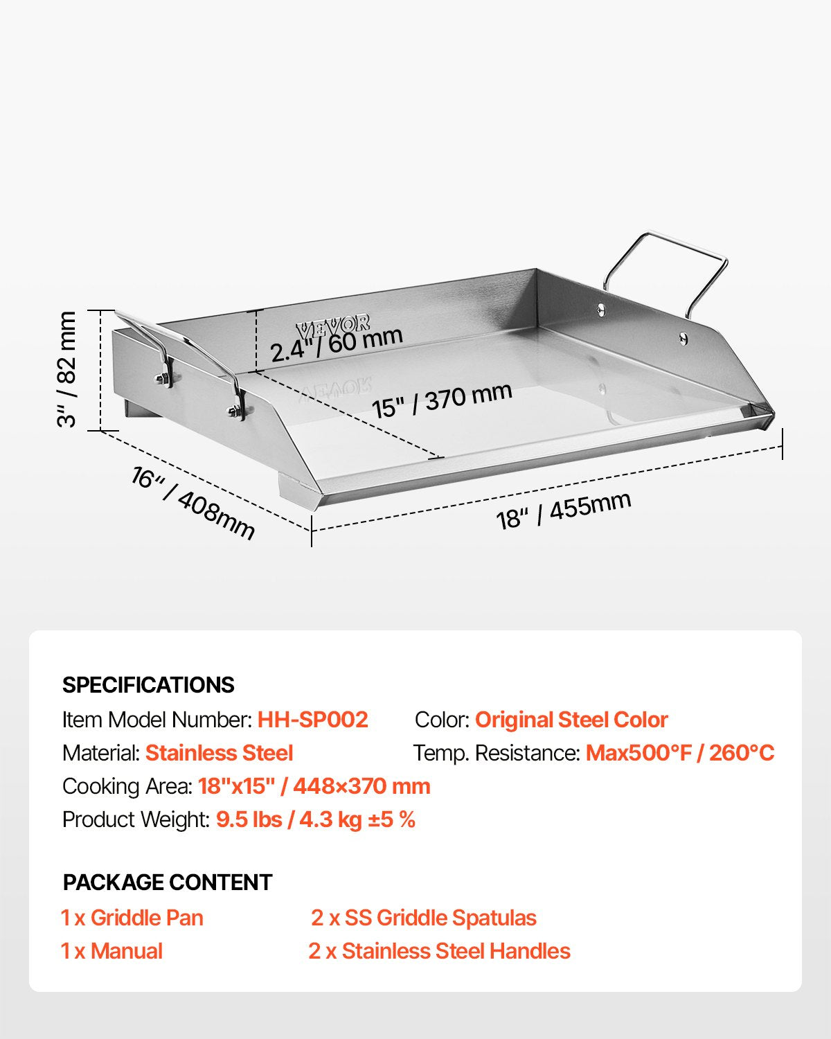 Stekplåt i rostfritt stål, 18x16 tum universal platt rektangulär platta, gasgrillstekplåt för BBQ-grill, teppanyaki, bärbart familjeköksredskap med handtag, för camping, tailgating-fest