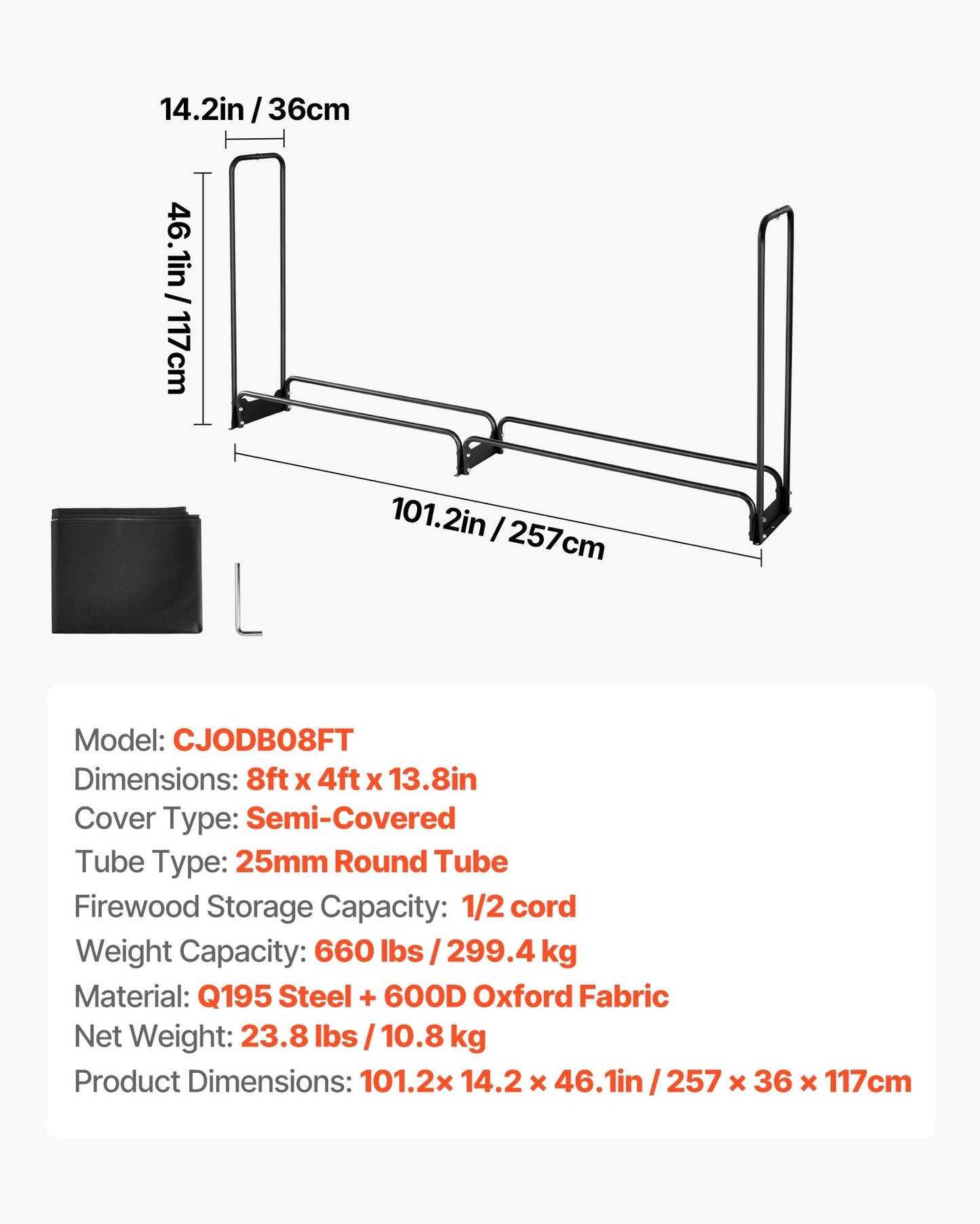 2,4 m vedställ för utomhusbruk med lock, 244 cm x 36 cm x 117 cm, kraftig vedhållare och vattentätt 600D Oxford-lock för öppen spis, uteplats, vedställ för inomhus-/utomhusbruk för 1/2 vedsträng