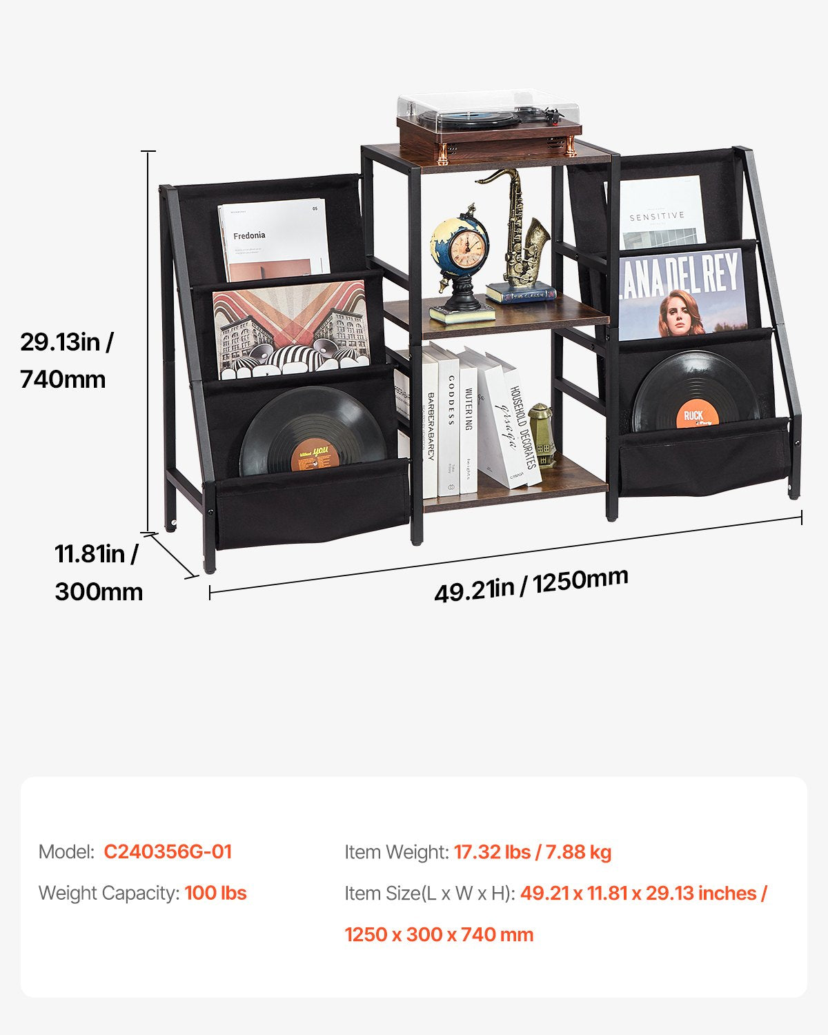 Skivspelareställ, 3 nivåer metall vinylskivställ, skivspelareställ med skivhållare vinyldisplayhylla, skivspelare i trä perfekt för sovrum, vardagsrum, svart