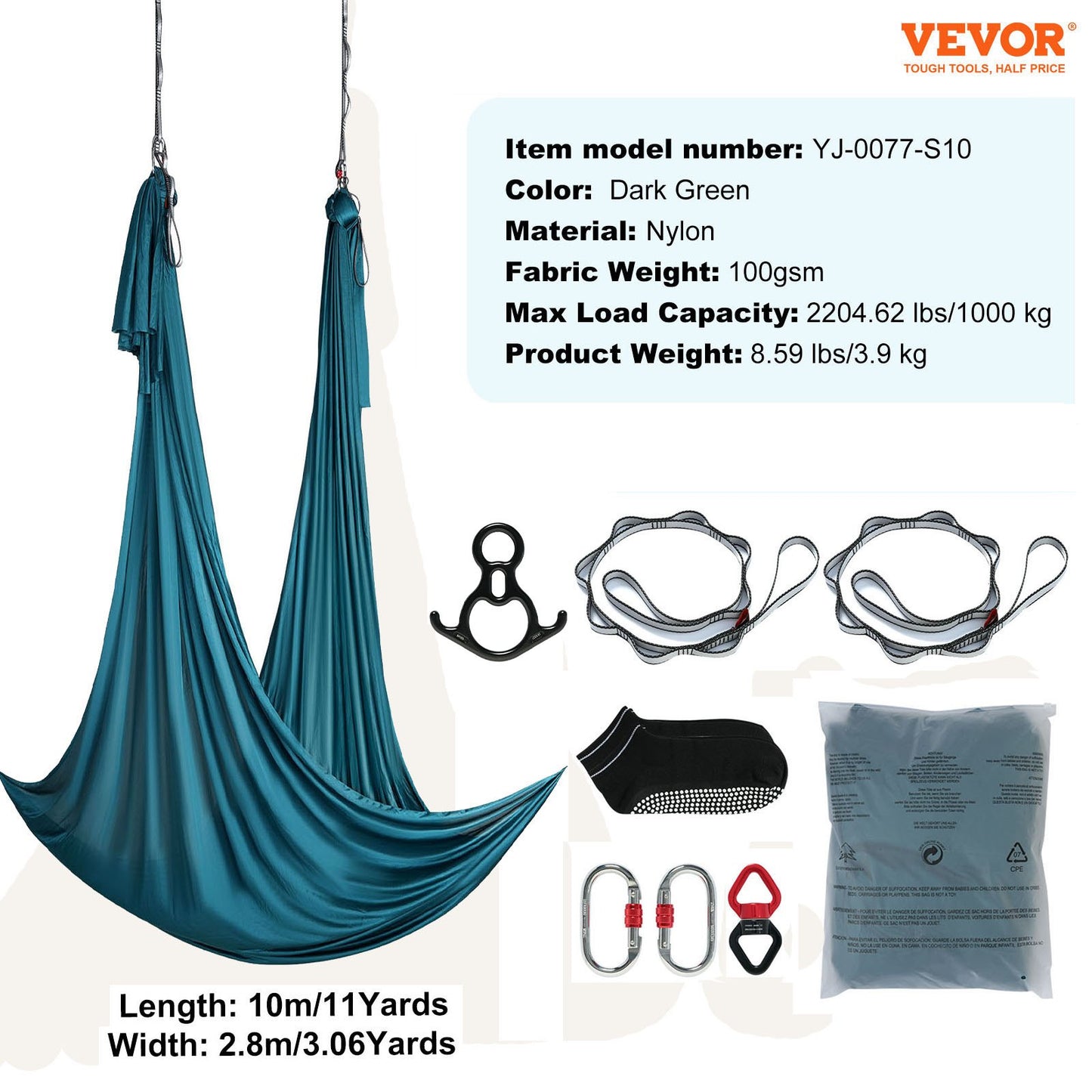 Aerial Silk & Yoga Swing, 11 Yards, Aerial Yoga Hammock Kit with 100gsm Nylon Fabric, Full Rigging Hardware & Easy Set-up Guide, Antigravity Flying for All Levels Fitness Bodybuilding, Green