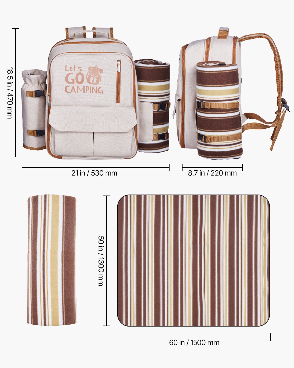 Picknickryggsäck, strandpicknickryggsäck för 4 personer med isolerat kylfack, avtagbar flask-/vinhållare, lätt filt, tallrikar och bestickset för utomhusbruk, vandring, camping